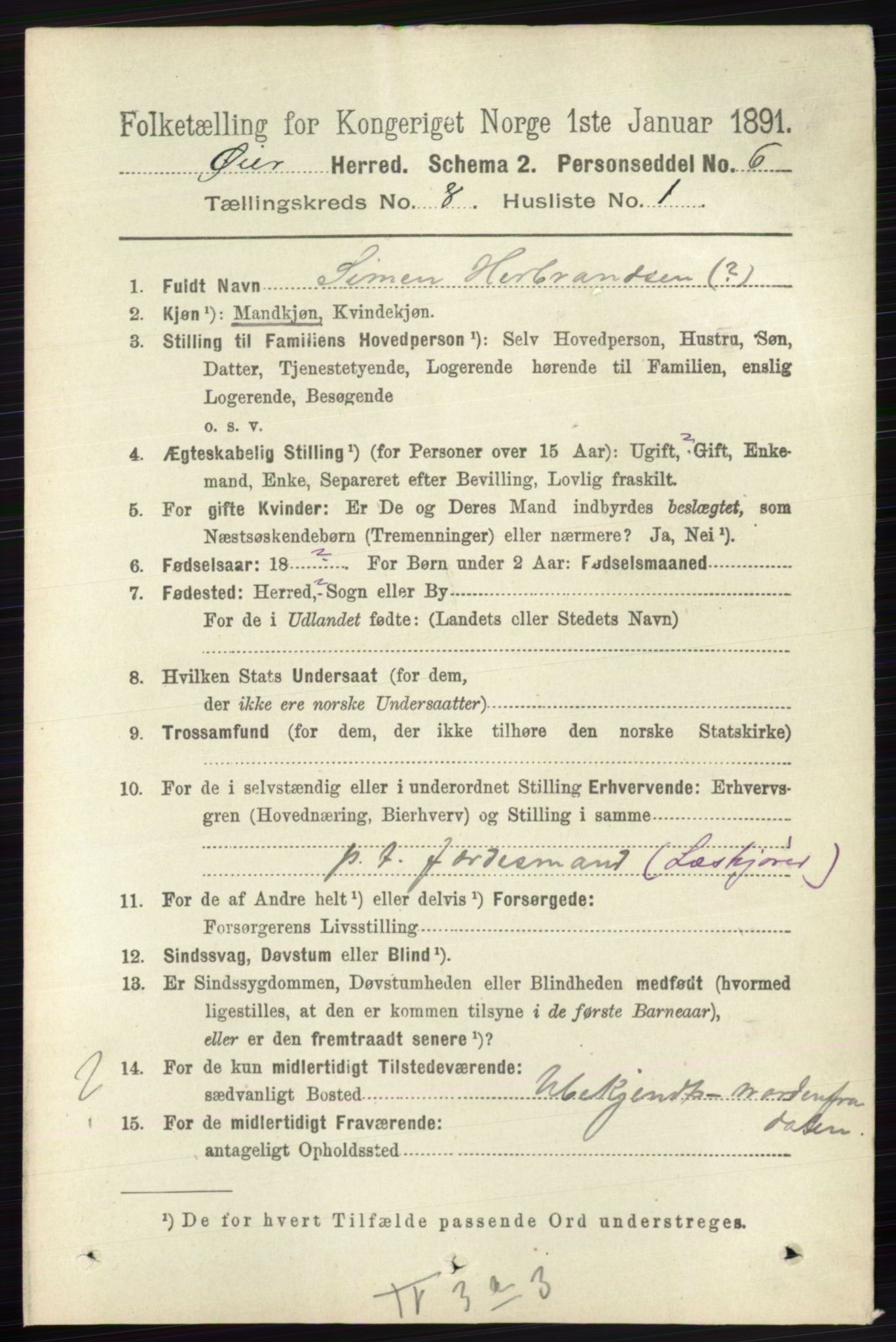 RA, 1891 census for 0521 Øyer, 1891, p. 2721