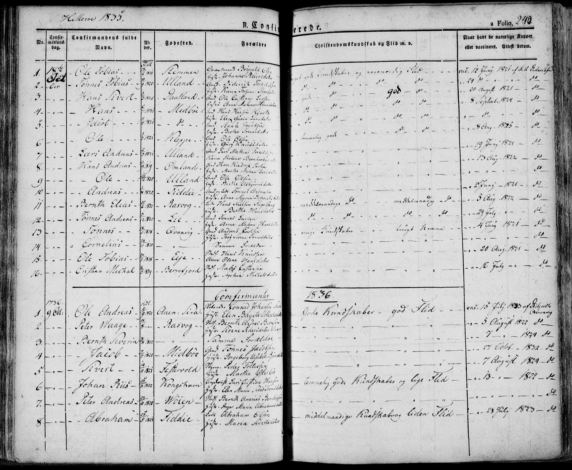Flekkefjord sokneprestkontor, SAK/1111-0012/F/Fa/Fac/L0003: Parish register (official) no. A 3, 1826-1841, p. 240