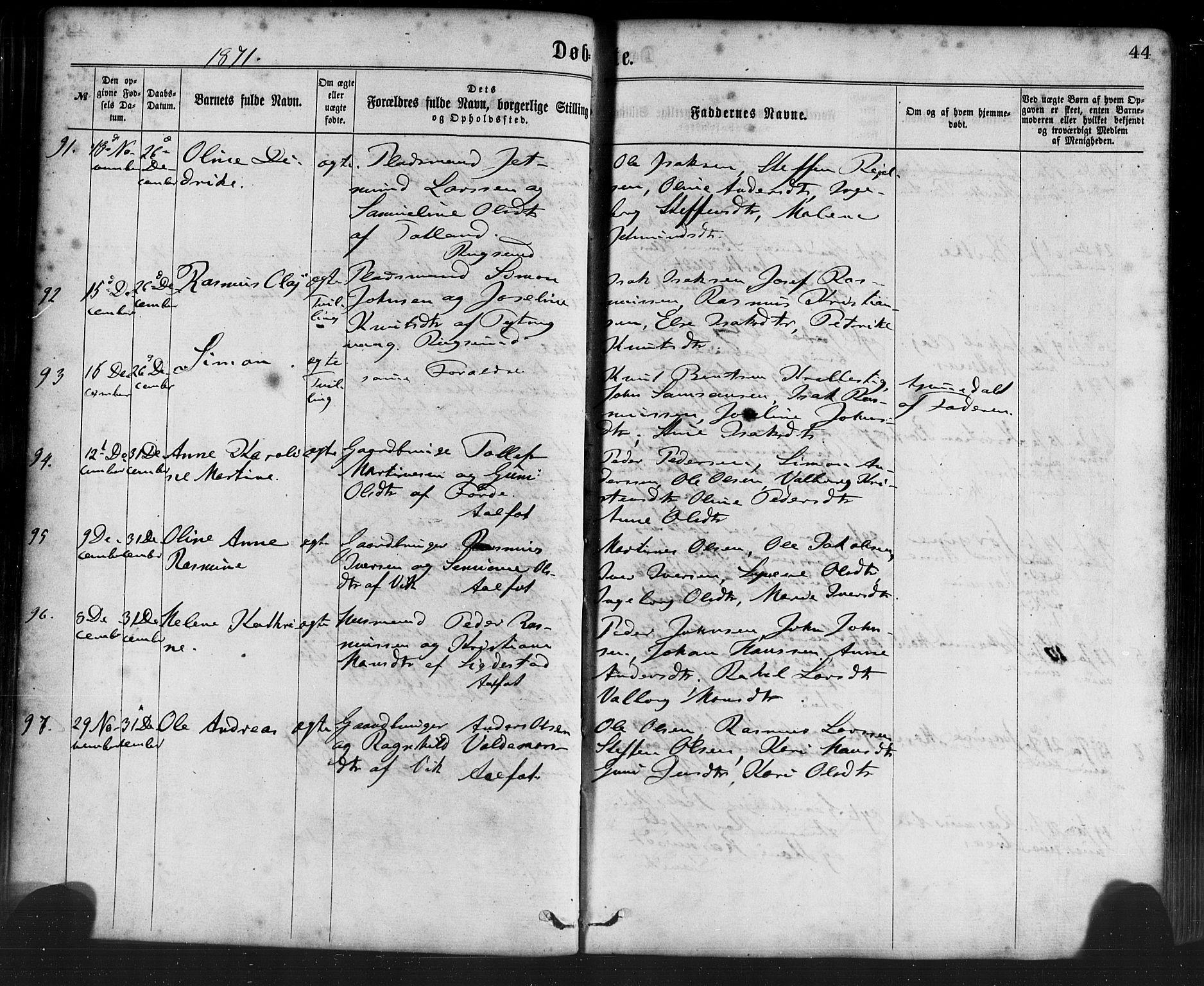 Davik sokneprestembete, AV/SAB-A-79701/H/Haa/Haaa/L0006: Parish register (official) no. A 6, 1867-1881, p. 44