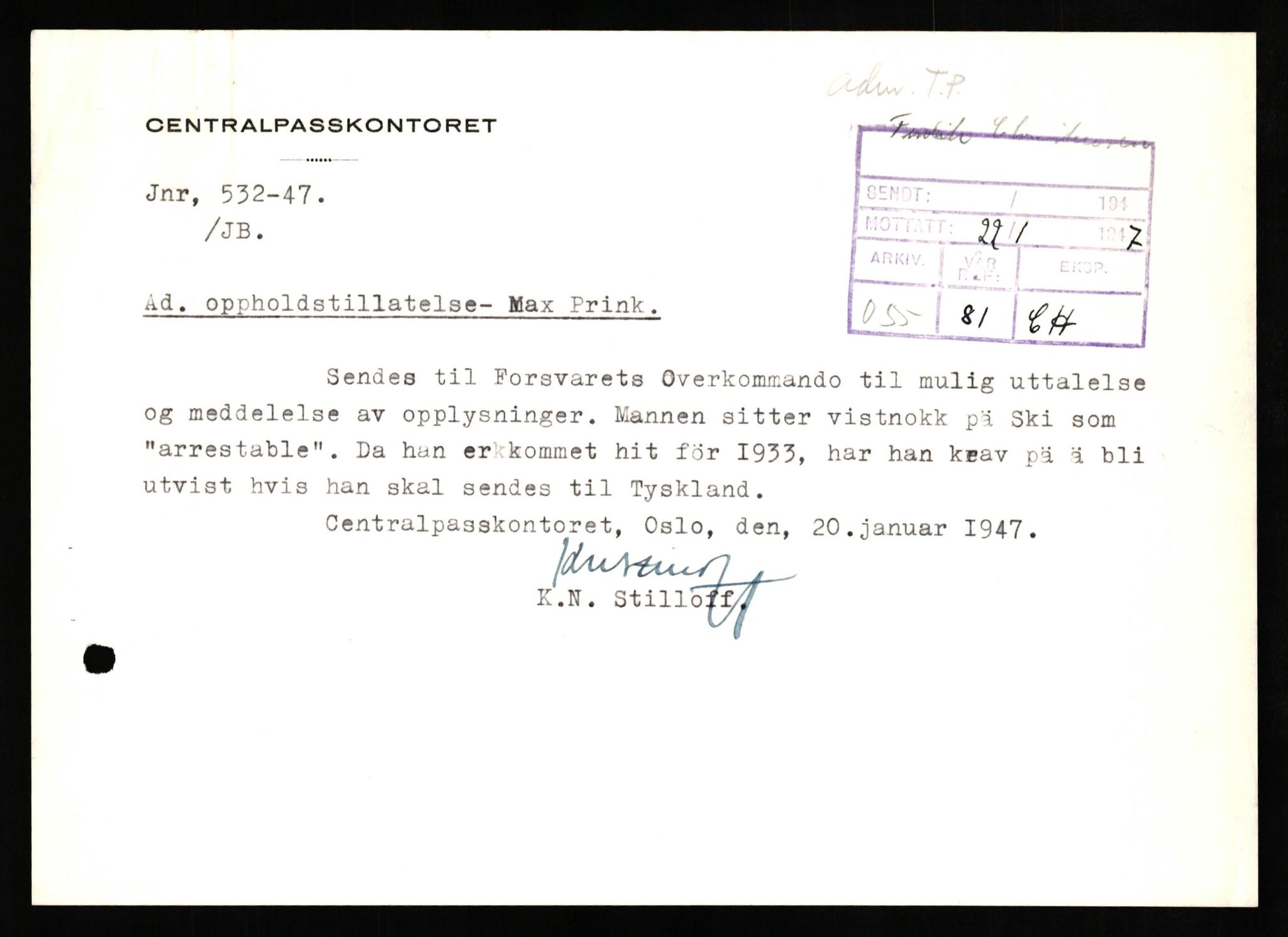 Forsvaret, Forsvarets overkommando II, AV/RA-RAFA-3915/D/Db/L0026: CI Questionaires. Tyske okkupasjonsstyrker i Norge. Tyskere., 1945-1946, p. 381