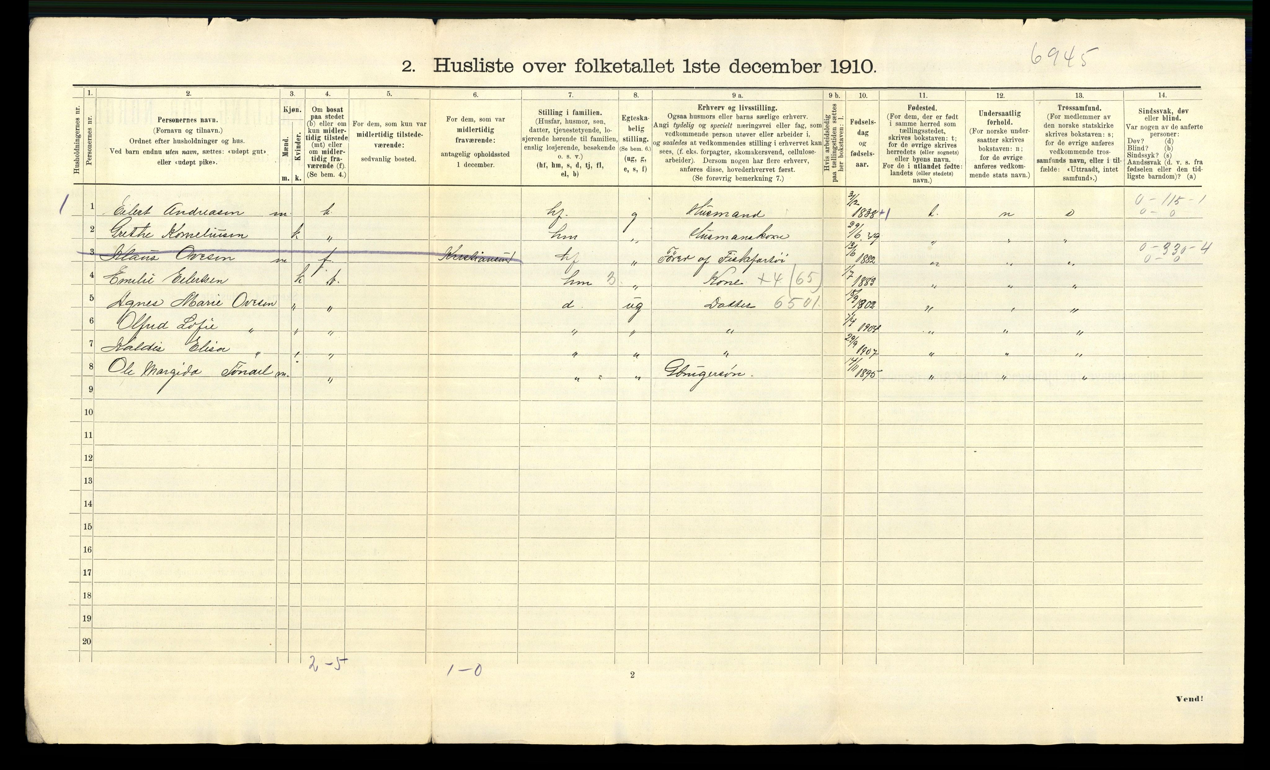 RA, 1910 census for Nes, 1910, p. 20