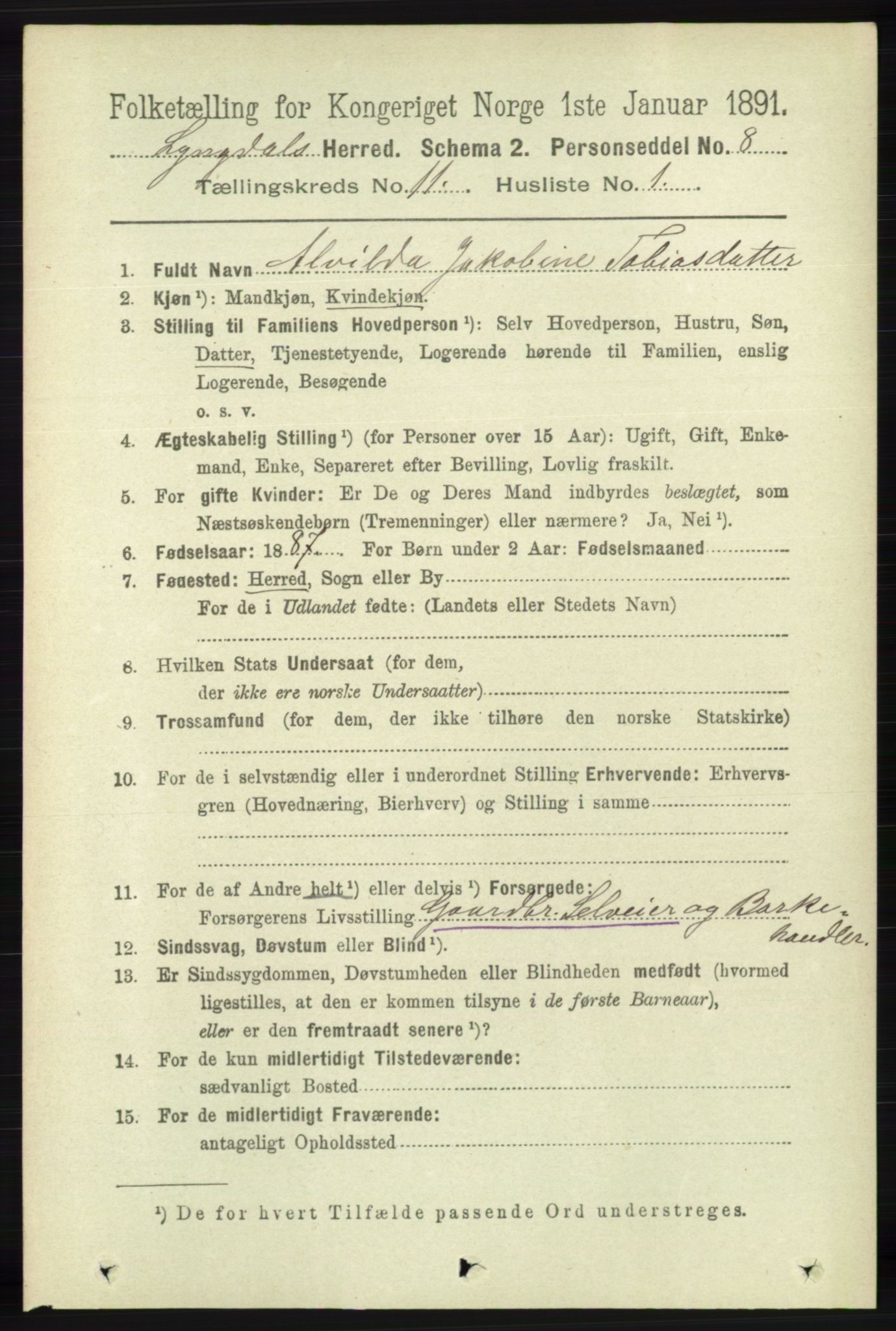 RA, 1891 census for 1032 Lyngdal, 1891, p. 4824