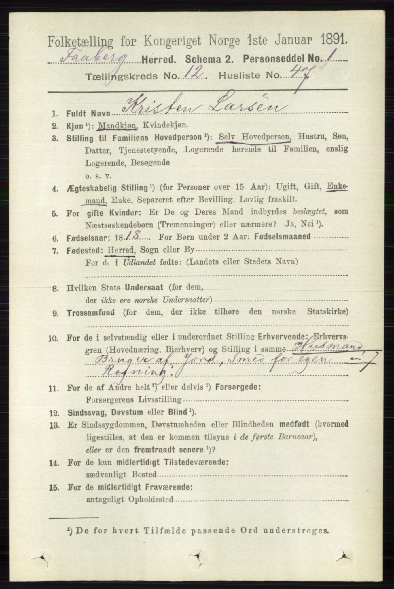 RA, 1891 census for 0524 Fåberg, 1891, p. 5008