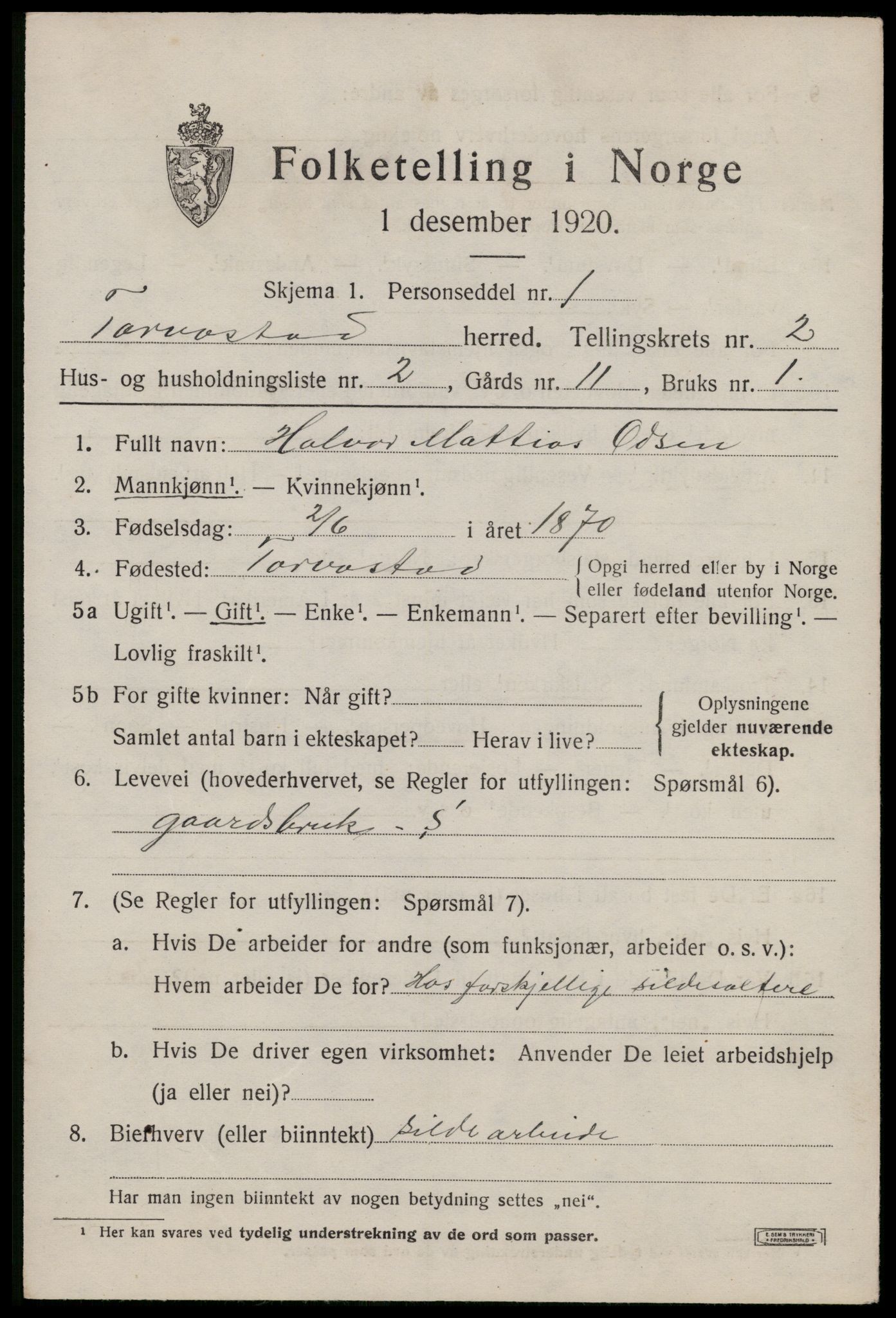 SAST, 1920 census for Torvastad, 1920, p. 1996