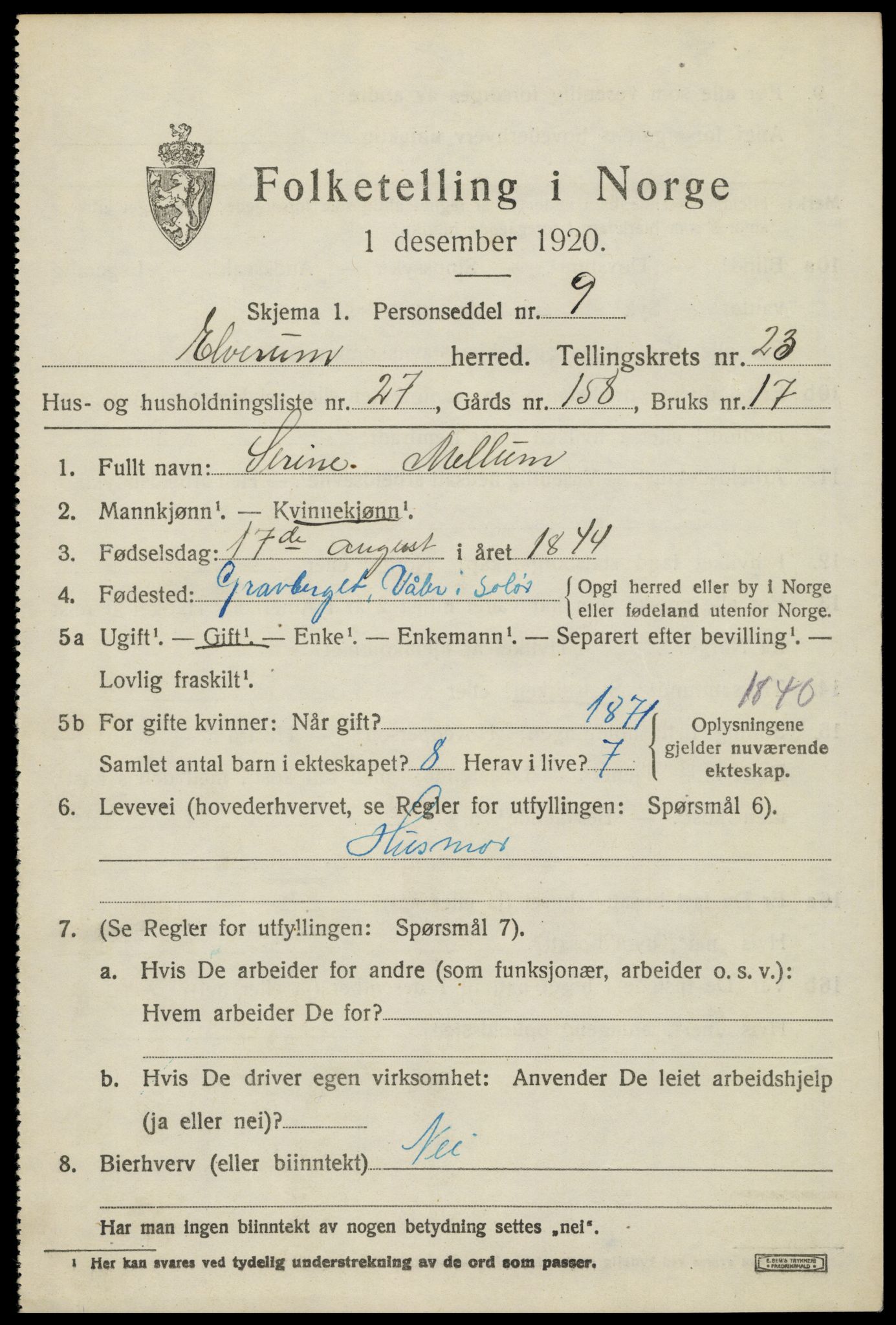 SAH, 1920 census for Elverum, 1920, p. 25506