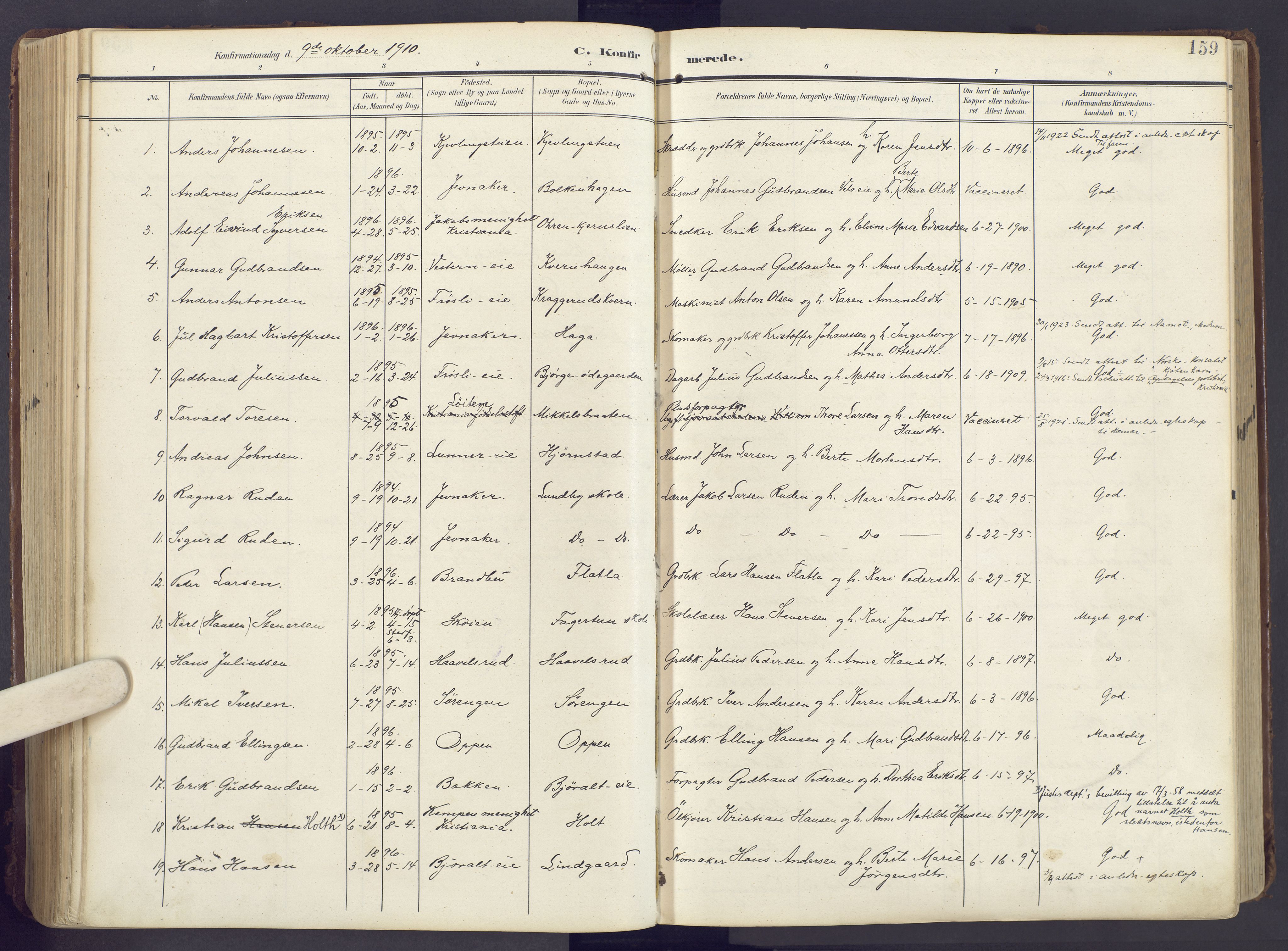 Lunner prestekontor, SAH/PREST-118/H/Ha/Haa/L0001: Parish register (official) no. 1, 1907-1922, p. 159