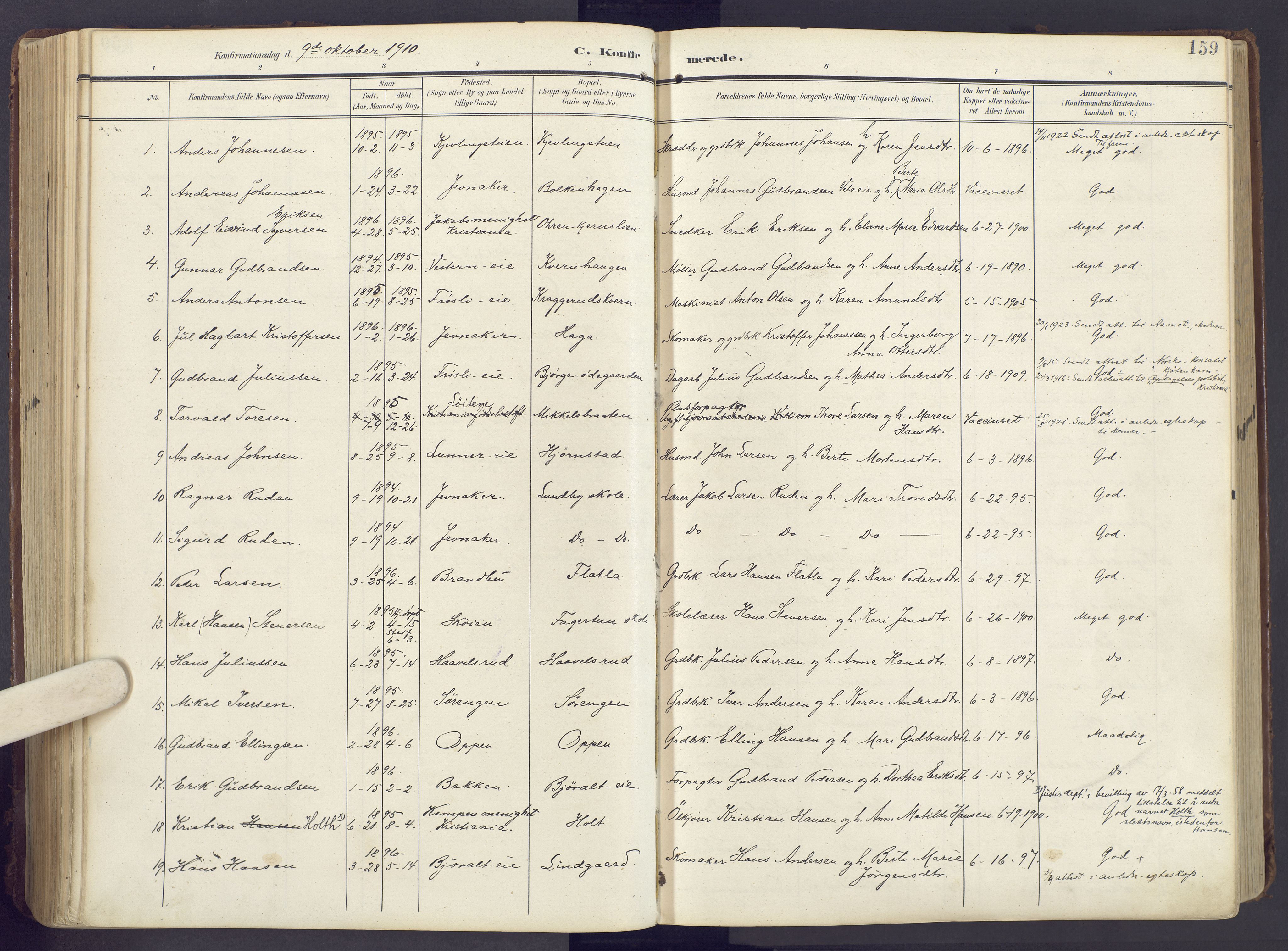 Lunner prestekontor, AV/SAH-PREST-118/H/Ha/Haa/L0001: Parish register (official) no. 1, 1907-1922, p. 159