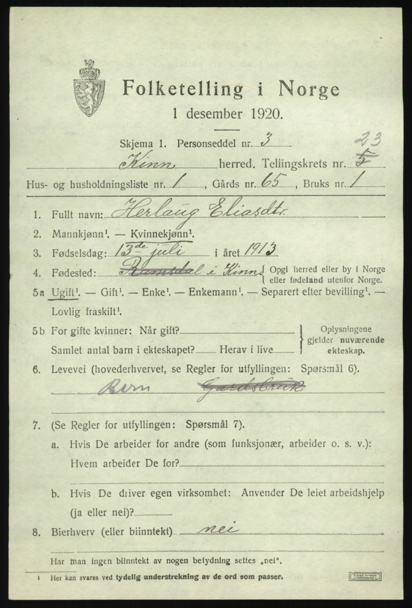 SAB, 1920 census for Kinn, 1920, p. 8169