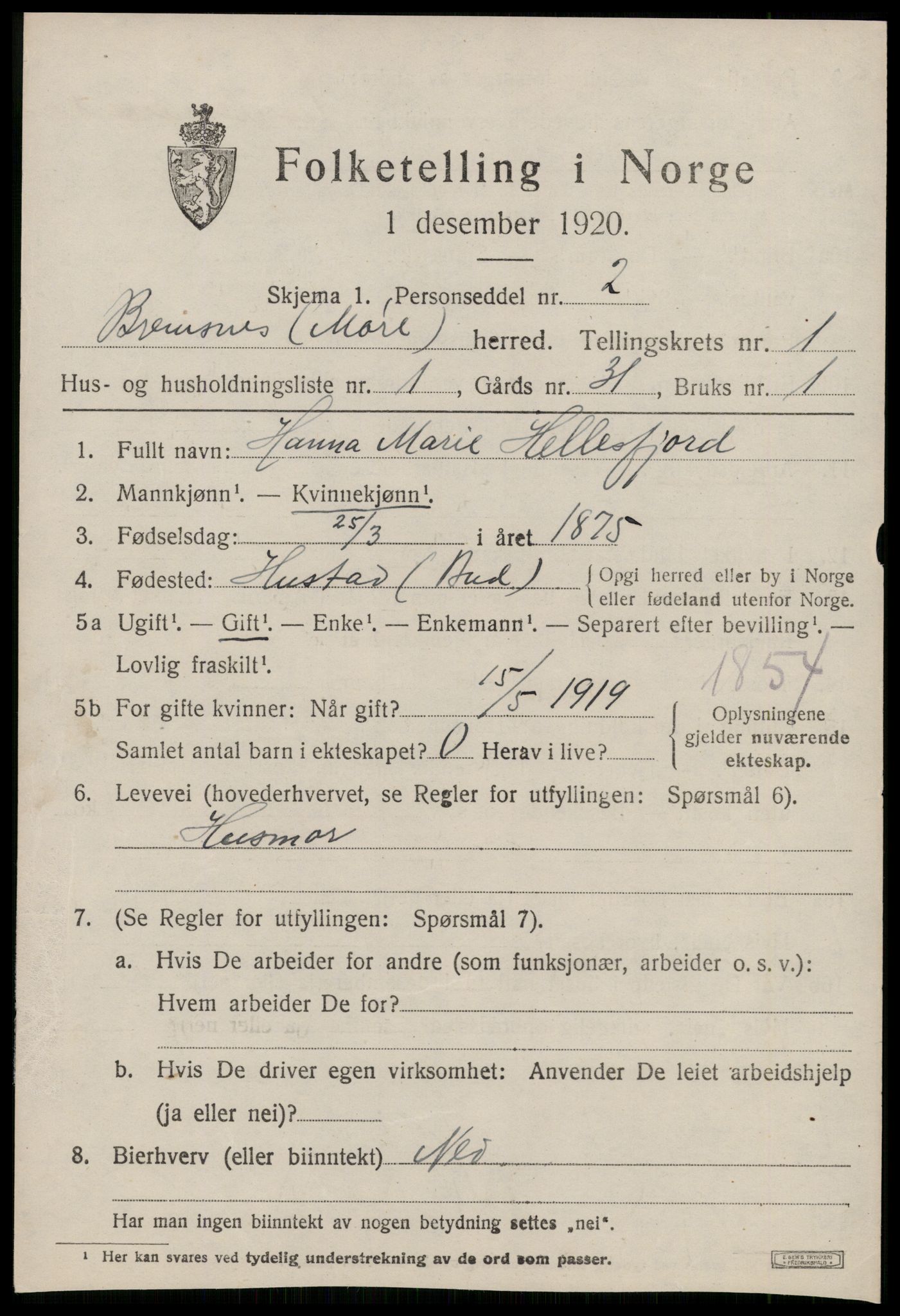 SAT, 1920 census for Bremsnes, 1920, p. 1487