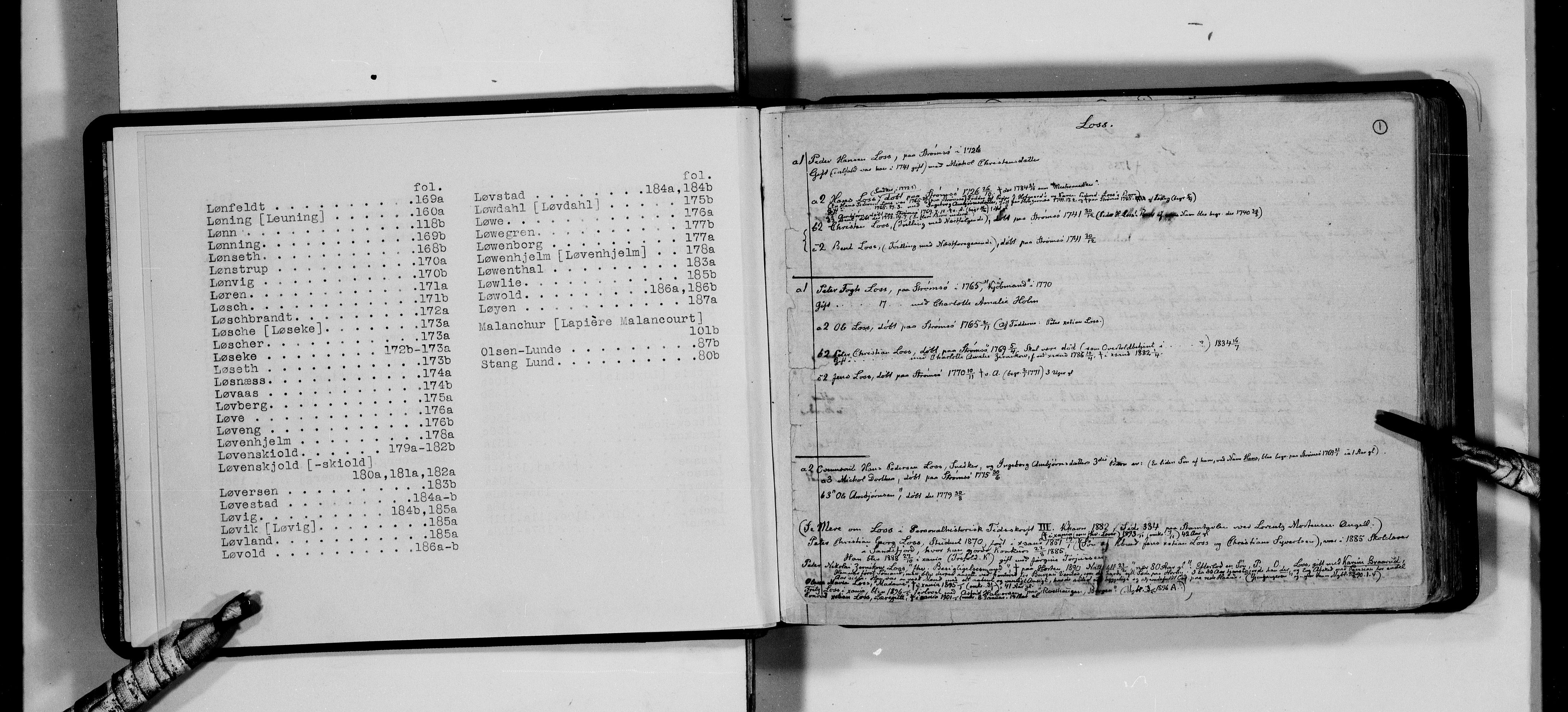 Lassens samlinger, AV/RA-PA-0051/F/Fa/L0027: Personalhistoriske og genealogiske opptegnelser: Loss - Løyen, 1500-1907