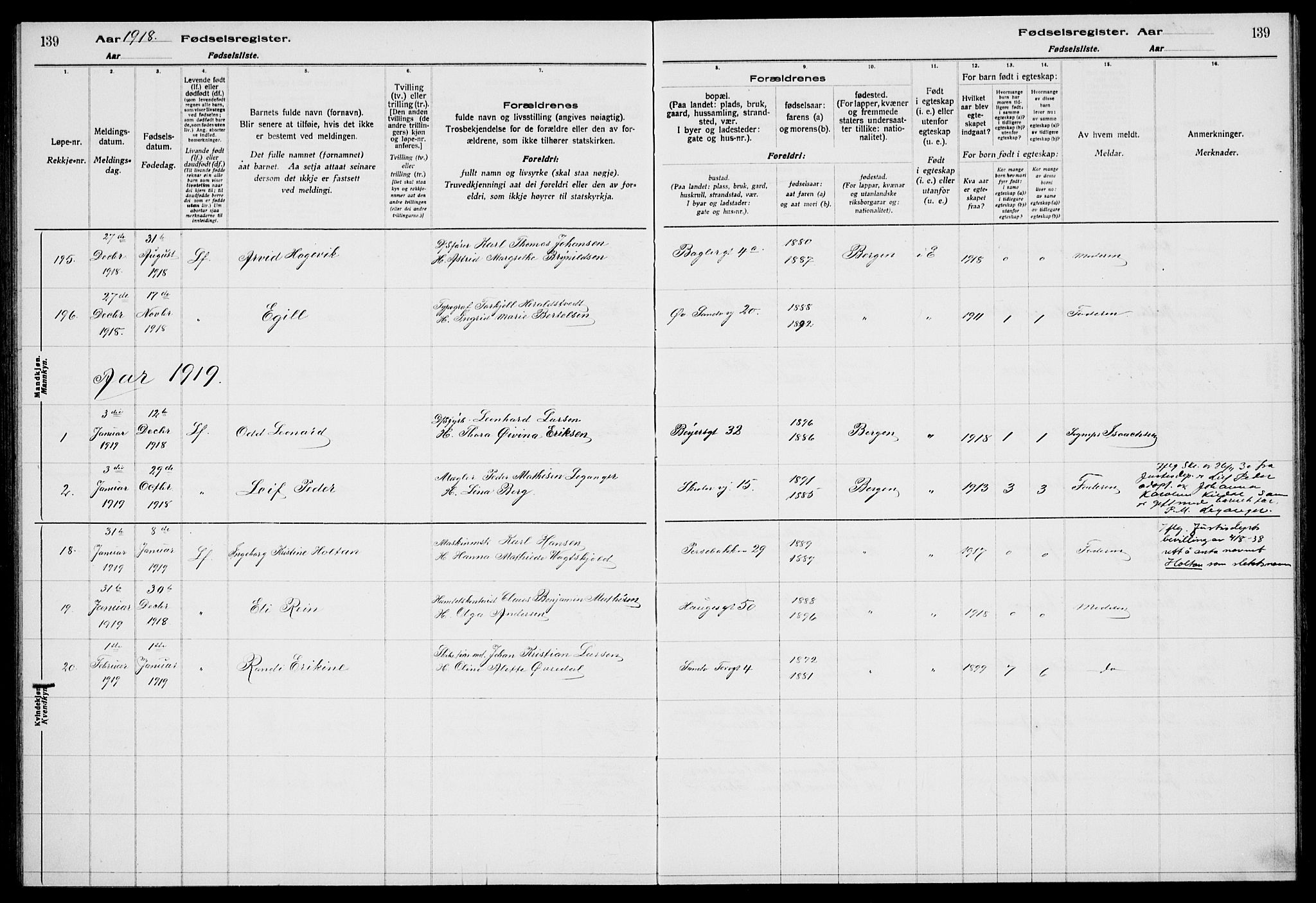 Sandviken Sokneprestembete, AV/SAB-A-77601/I/Ib/L00A1: Birth register no. A 1, 1915-1920, p. 139