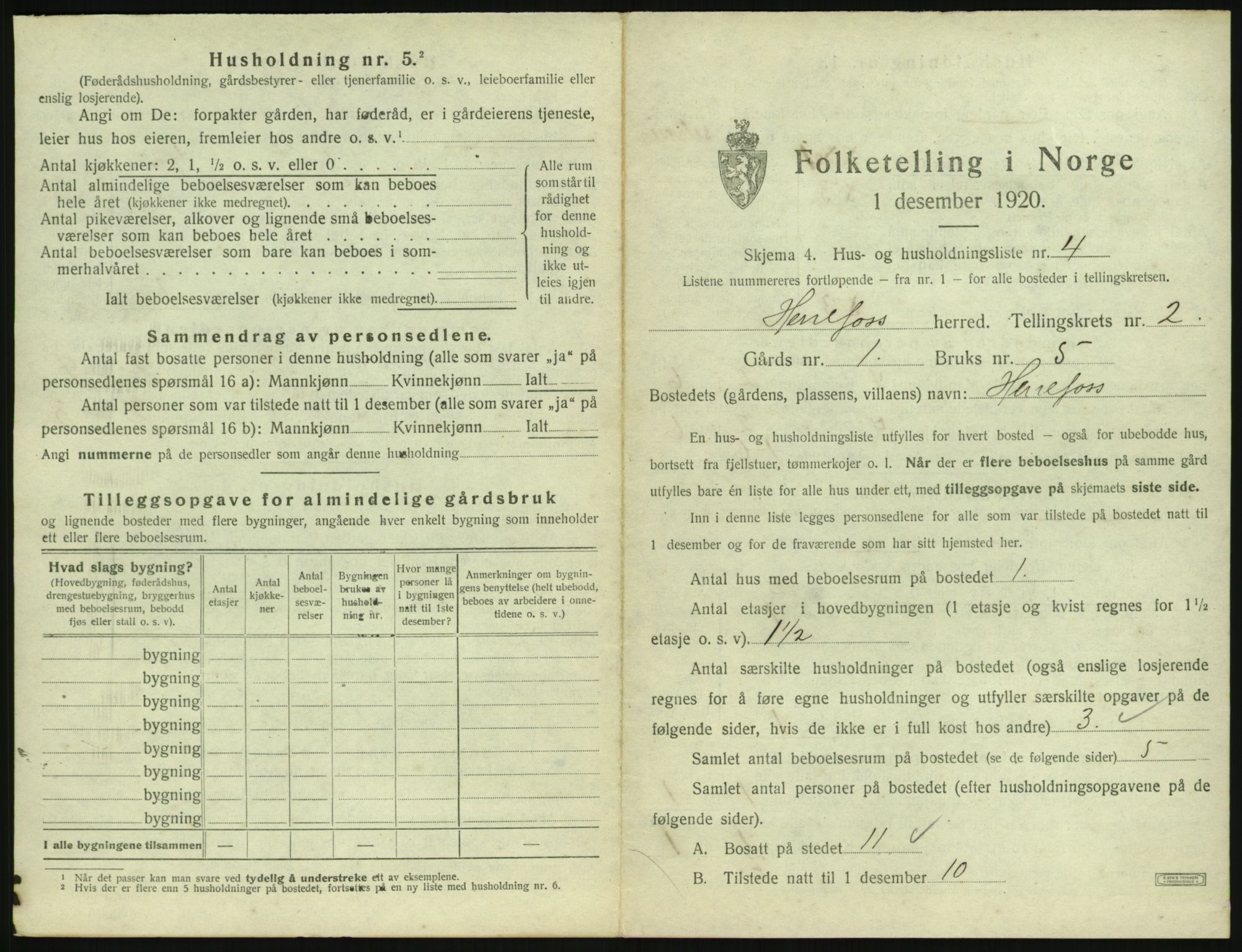 SAK, 1920 census for Herefoss, 1920, p. 54