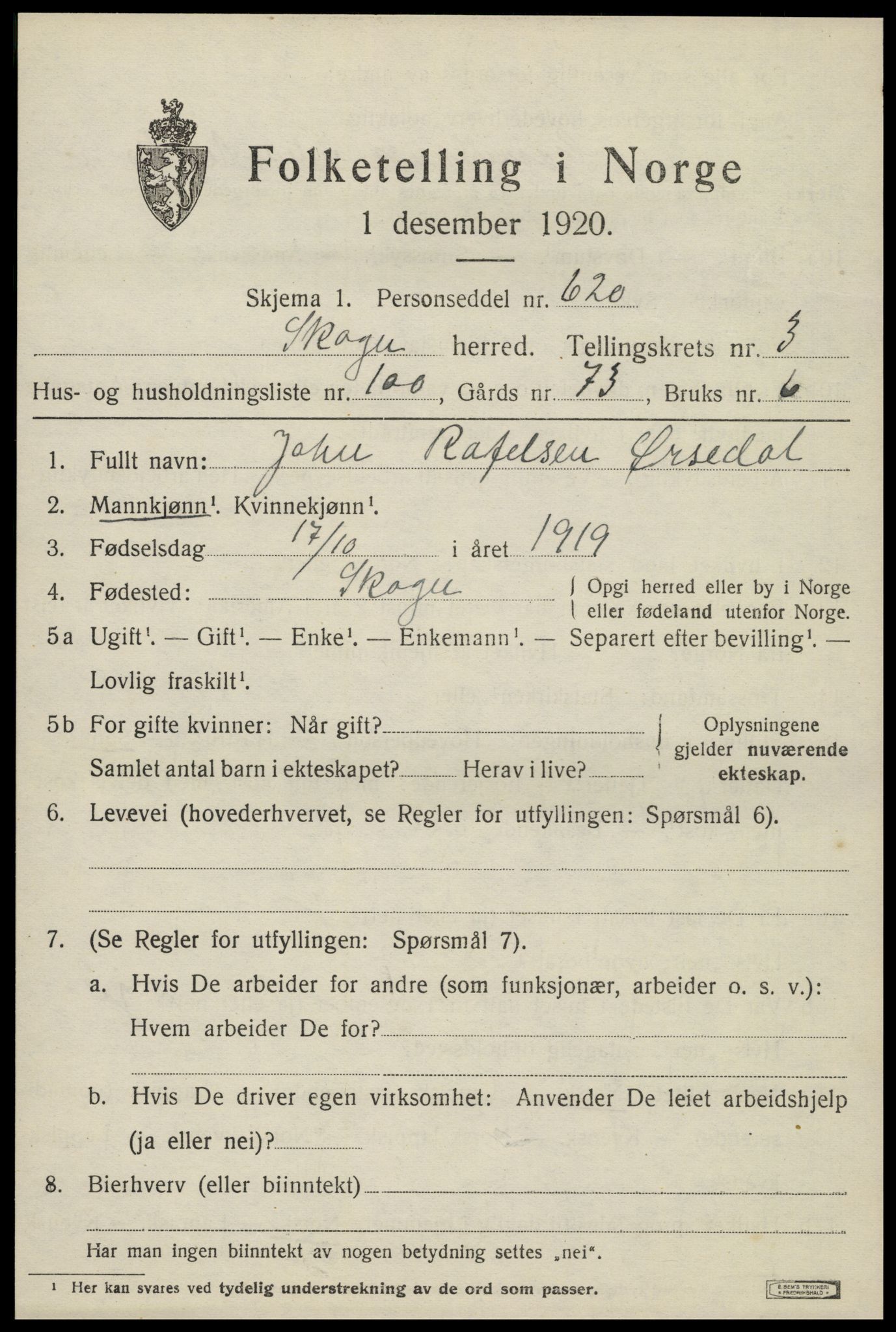 SAT, 1920 census for Skogn, 1920, p. 5837