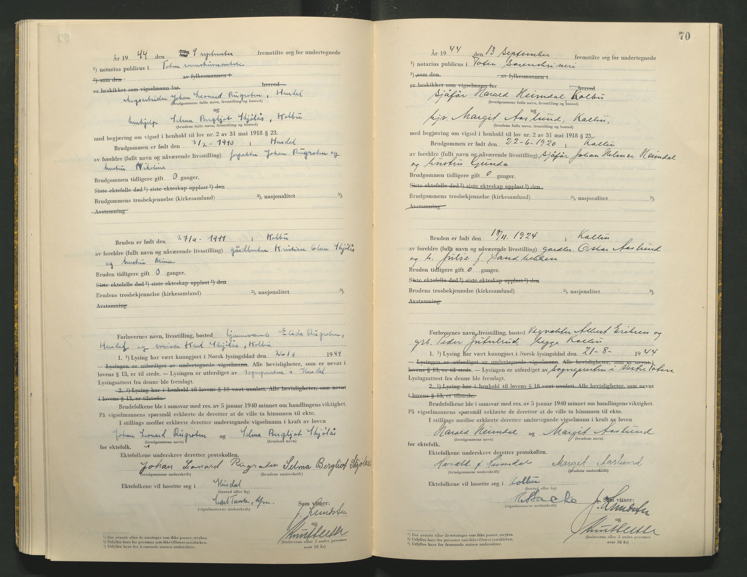 Toten tingrett, AV/SAH-TING-006/L/Lc/L0004: Vigselbok, 1944, p. 70