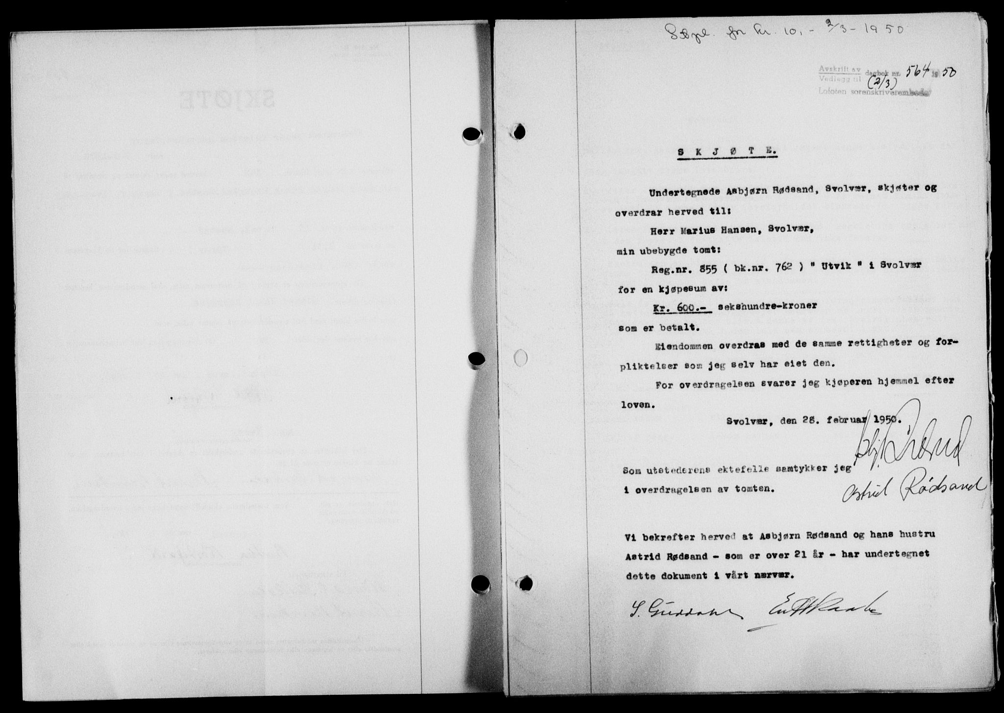 Lofoten sorenskriveri, SAT/A-0017/1/2/2C/L0023a: Mortgage book no. 23a, 1950-1950, Diary no: : 564/1950
