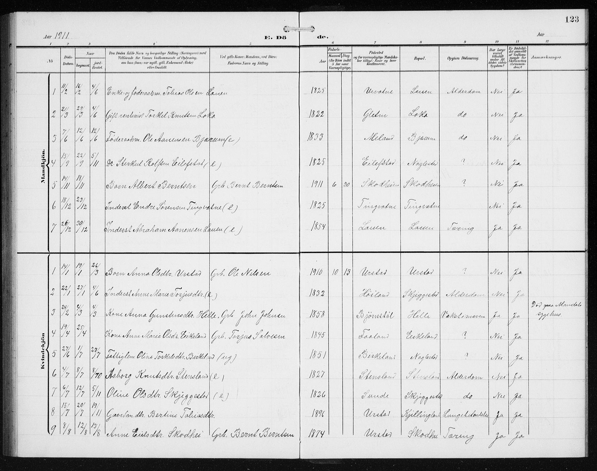 Hægebostad sokneprestkontor, AV/SAK-1111-0024/F/Fb/Fba/L0005: Parish register (copy) no. B 5, 1907-1931, p. 123