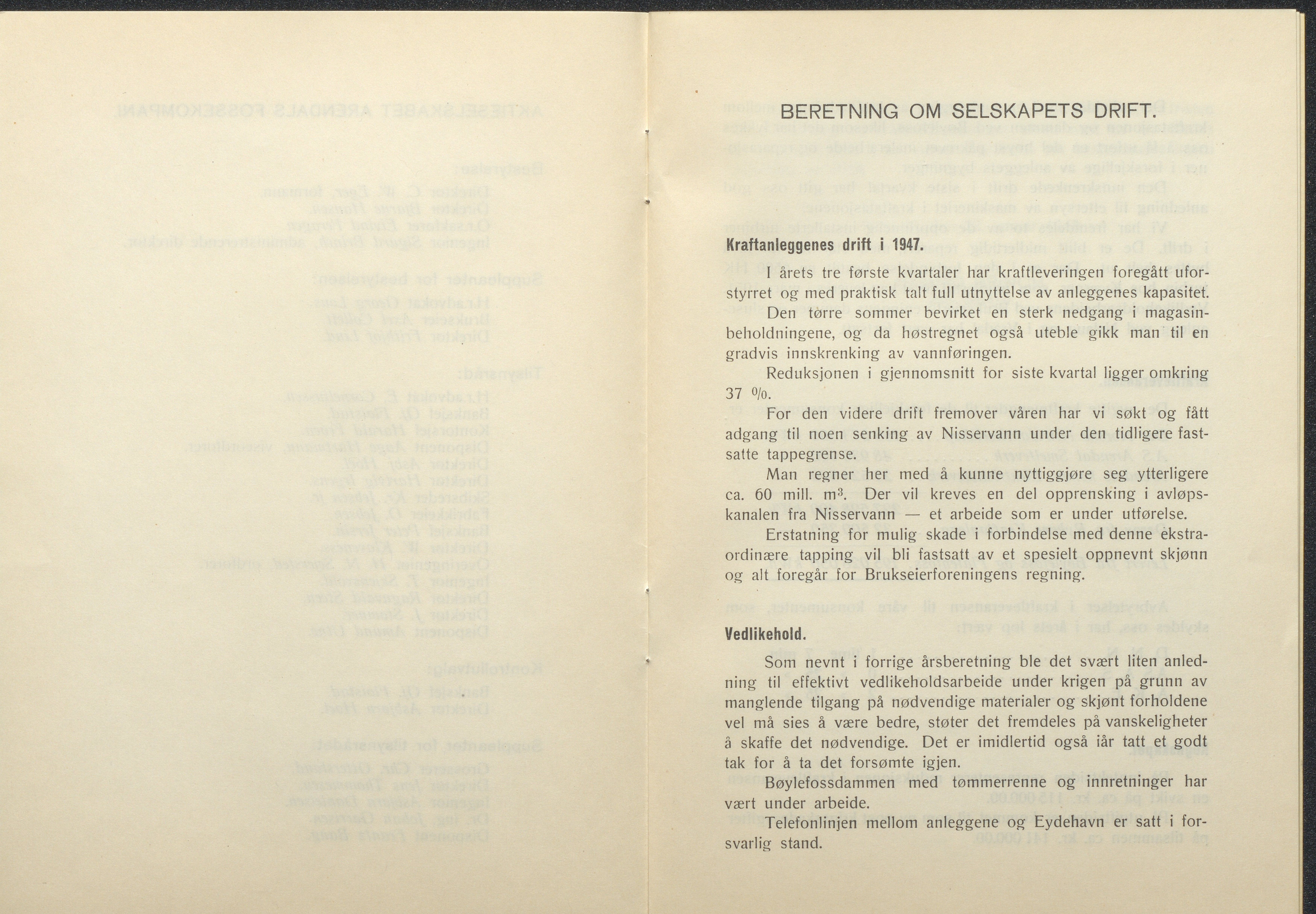 Arendals Fossekompani, AAKS/PA-2413/X/X01/L0001/0012: Beretninger, regnskap, balansekonto, gevinst- og tapskonto / Beretning, regnskap 1945 - 1962, 1945-1962, p. 15