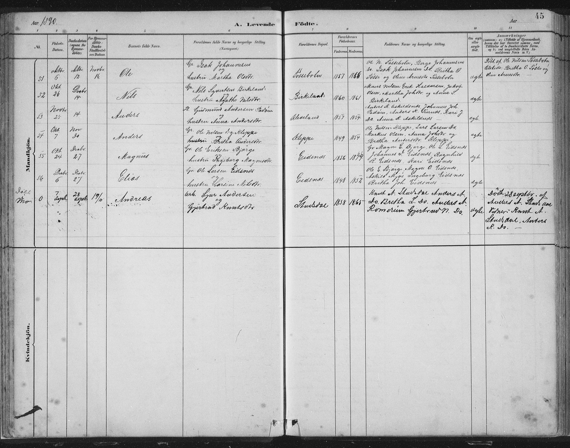 Hosanger sokneprestembete, SAB/A-75801/H/Hab: Parish register (copy) no. A 3 I, 1882-1903, p. 45