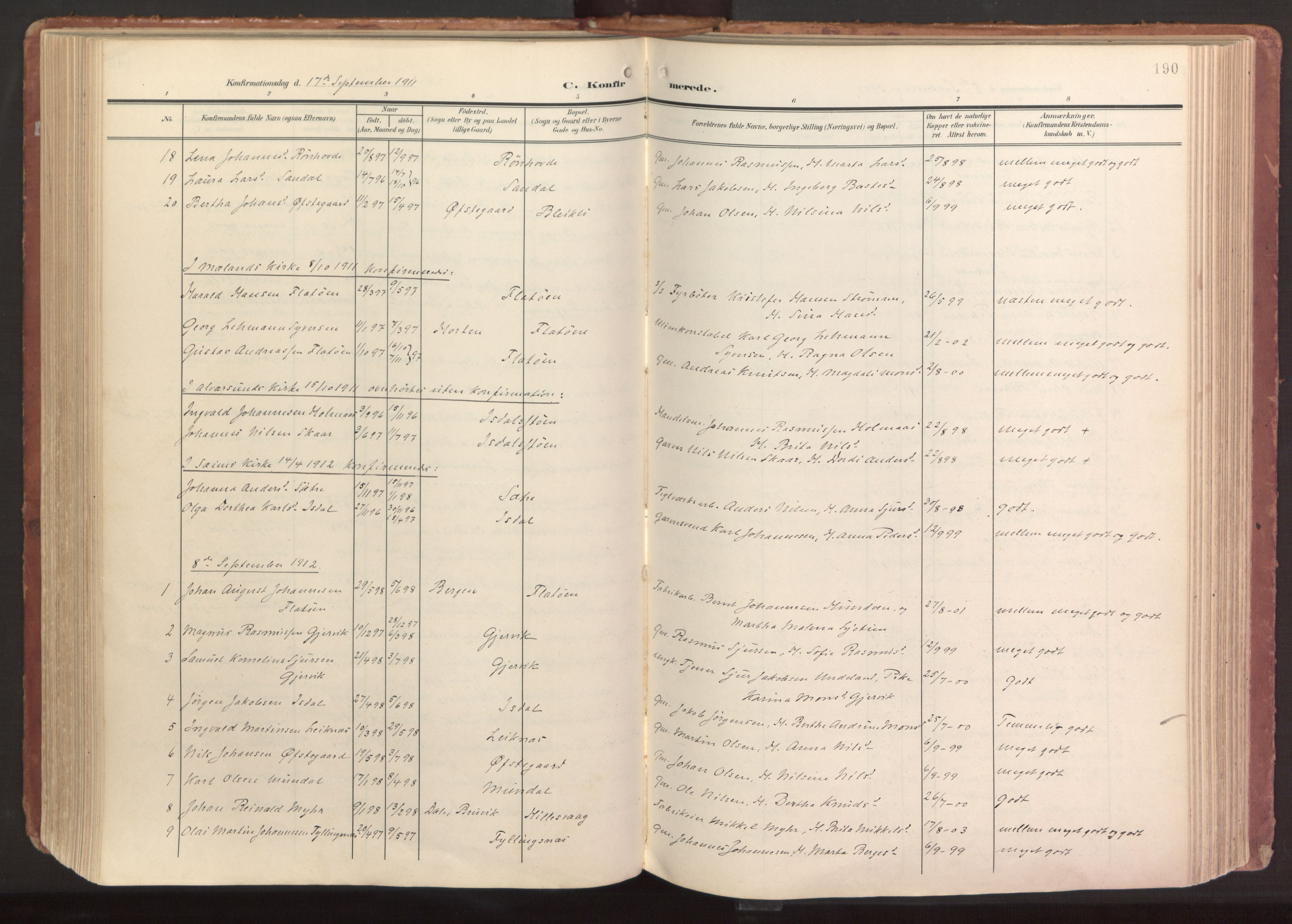 Hamre sokneprestembete, SAB/A-75501/H/Ha/Haa/Haab/L0002: Parish register (official) no. B 2, 1905-1924, p. 190