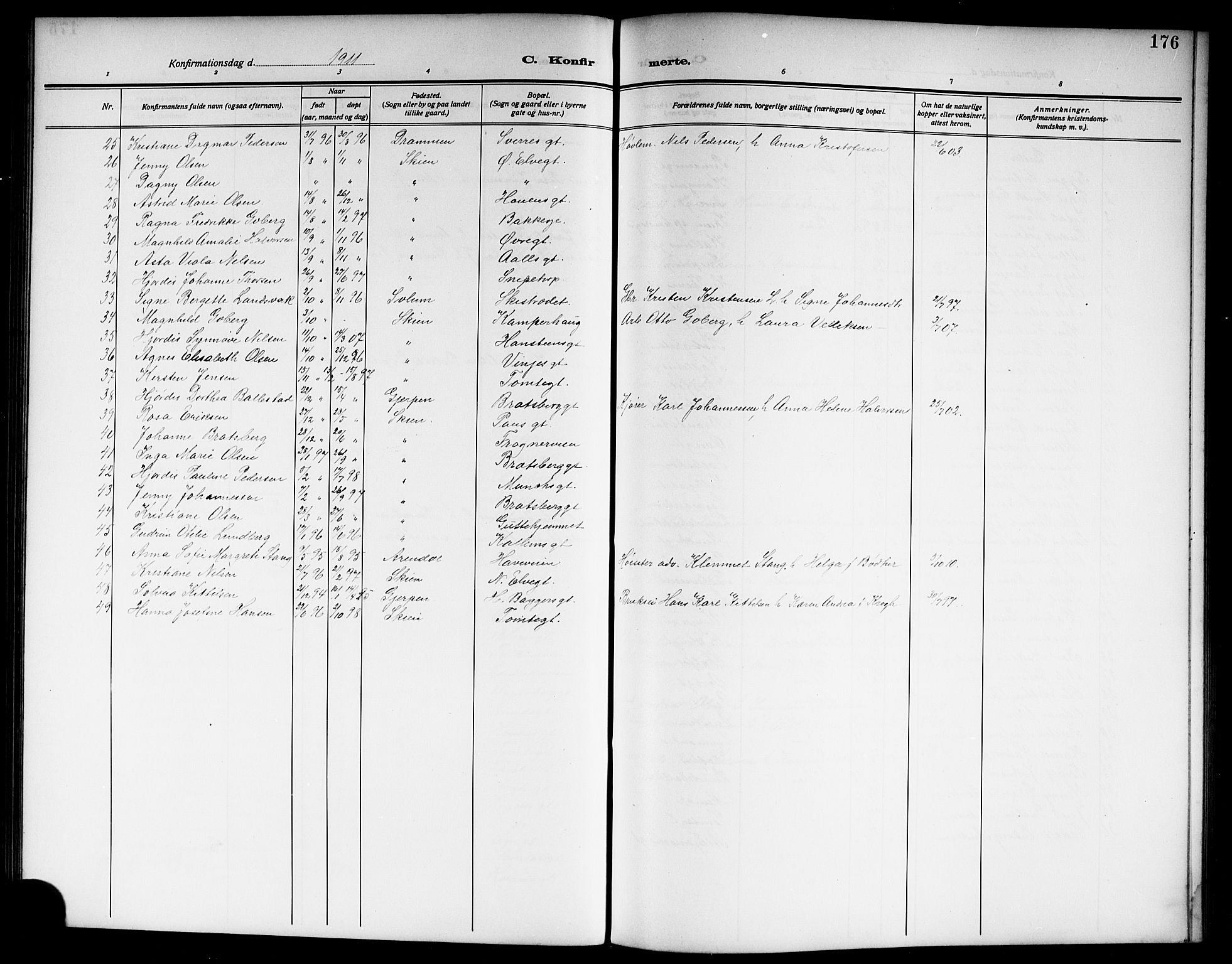 Skien kirkebøker, SAKO/A-302/G/Ga/L0009: Parish register (copy) no. 9, 1910-1920, p. 176