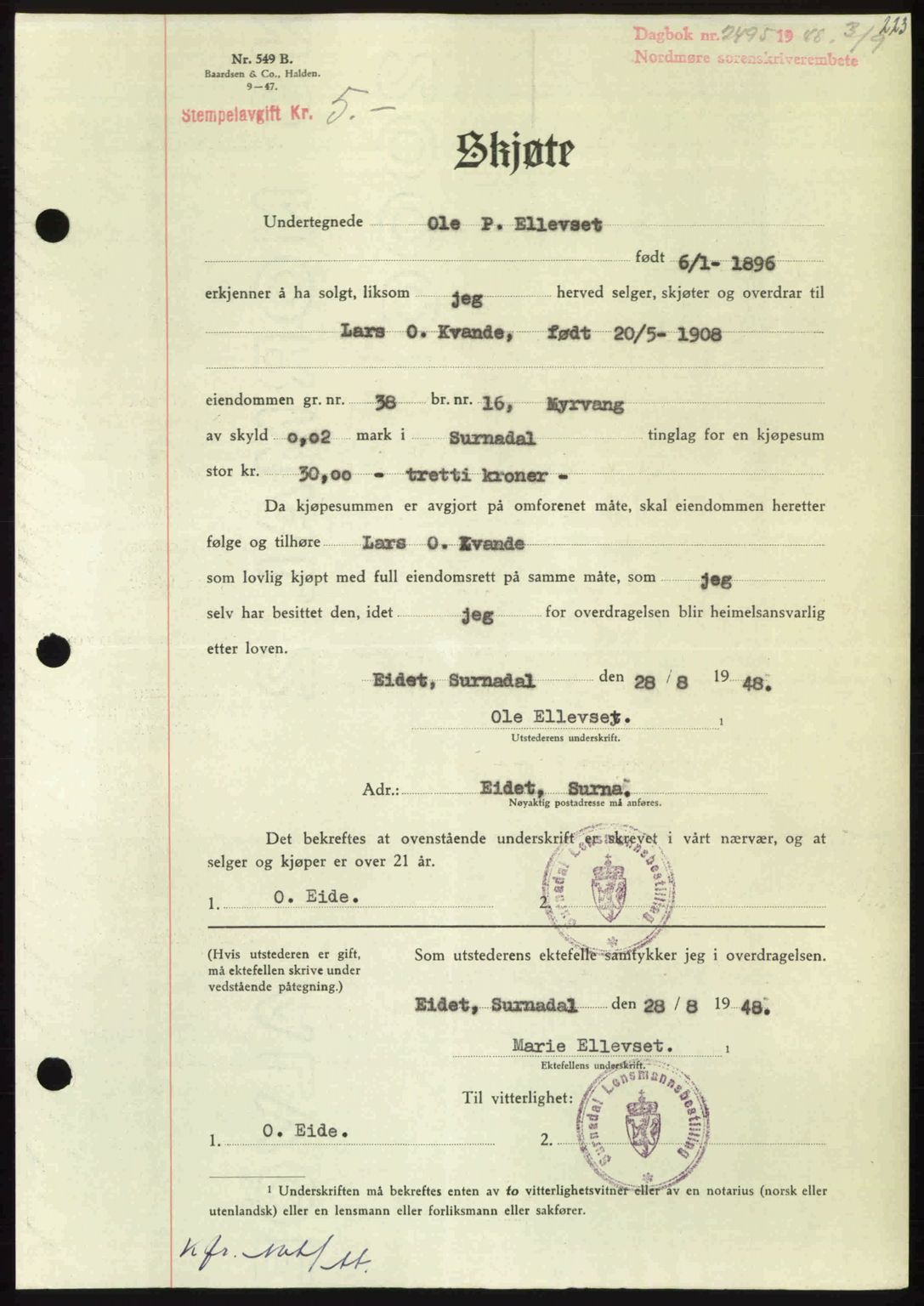 Nordmøre sorenskriveri, AV/SAT-A-4132/1/2/2Ca: Mortgage book no. A109, 1948-1948, Diary no: : 2495/1948