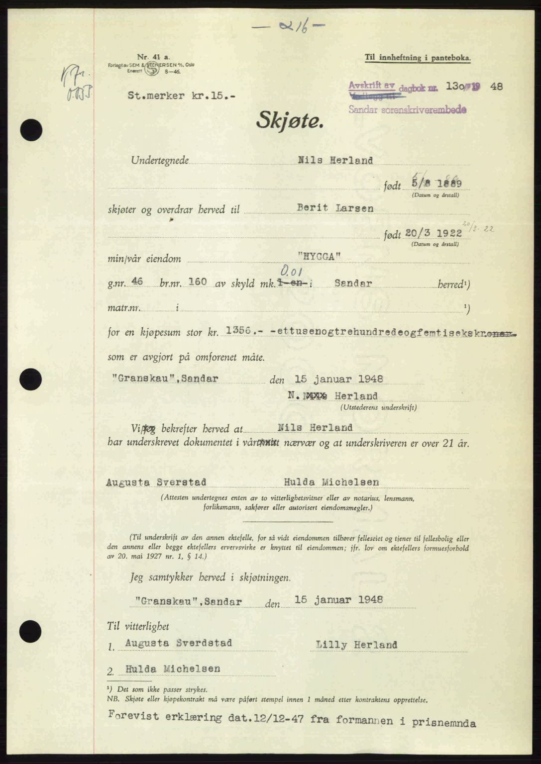 Sandar sorenskriveri, AV/SAKO-A-86/G/Ga/Gaa/L0016: Mortgage book no. A-16, 1947-1948, Diary no: : 130/1948