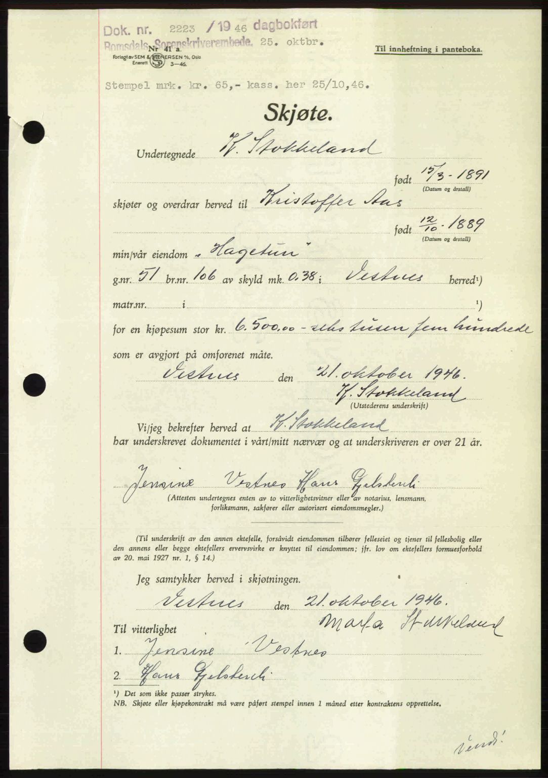 Romsdal sorenskriveri, AV/SAT-A-4149/1/2/2C: Mortgage book no. A21, 1946-1946, Diary no: : 2223/1946