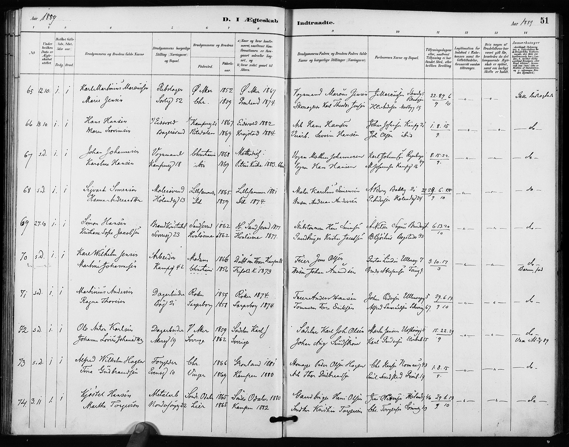 Kampen prestekontor Kirkebøker, SAO/A-10853/F/Fa/L0004: Parish register (official) no. I 4, 1885-1892, p. 51