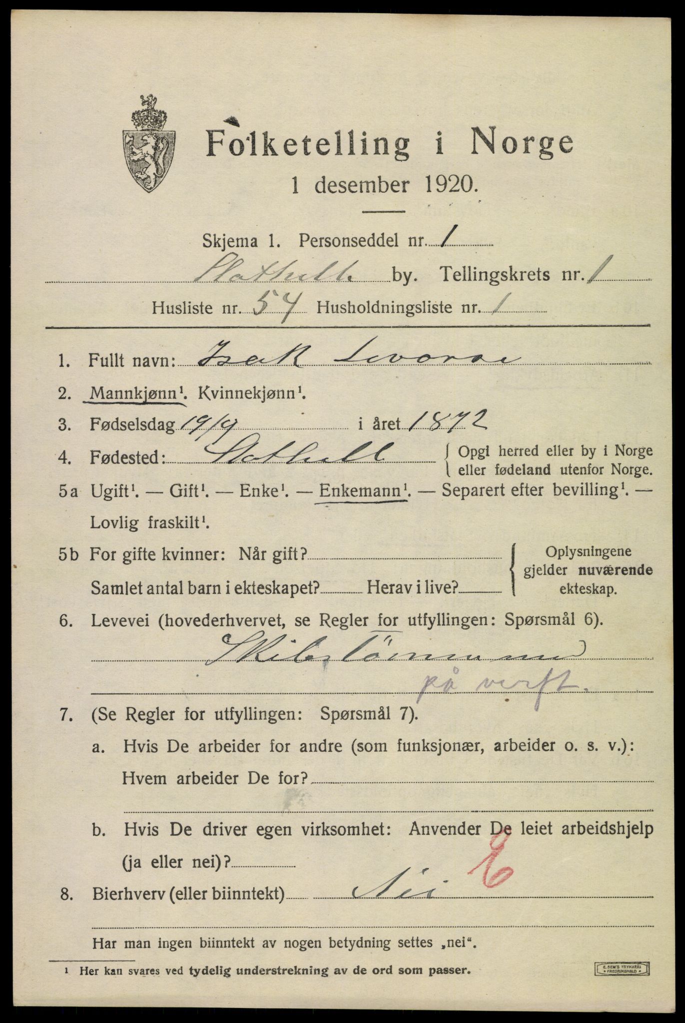 SAKO, 1920 census for Stathelle, 1920, p. 1047
