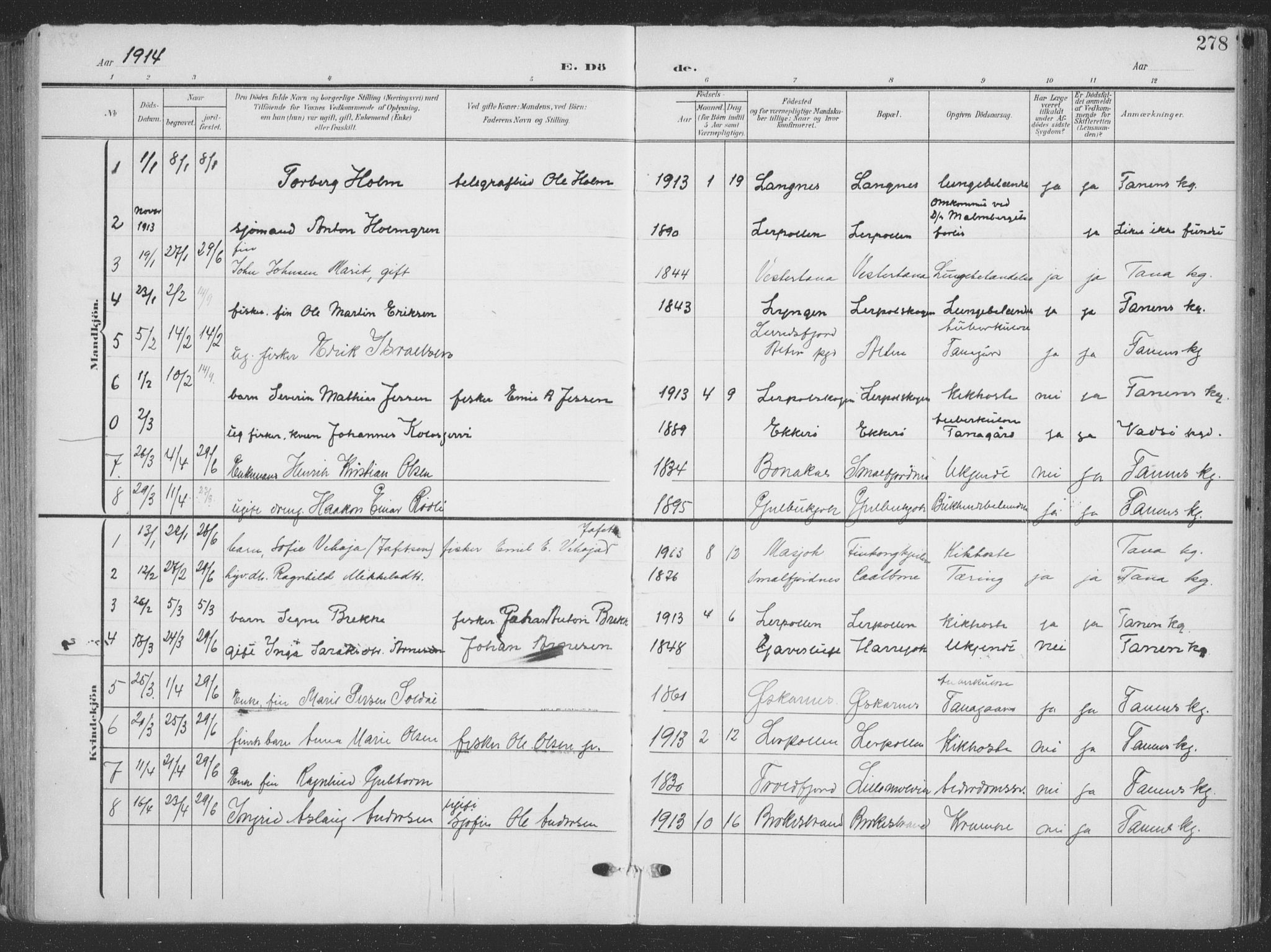 Tana sokneprestkontor, SATØ/S-1334/H/Ha/L0007kirke: Parish register (official) no. 7, 1904-1918, p. 278