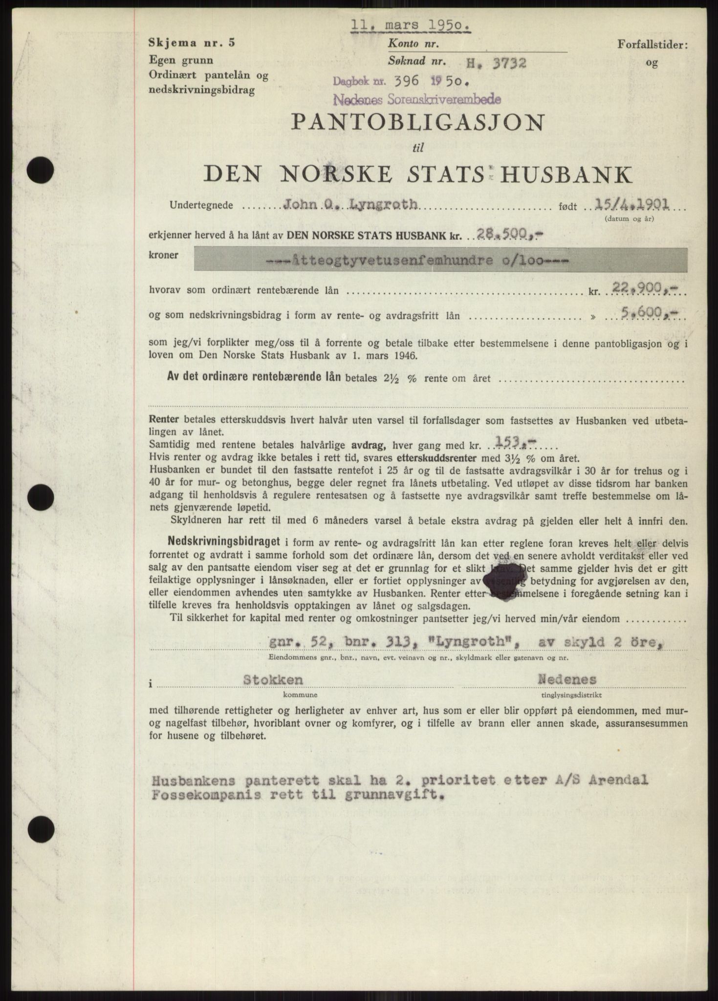 Nedenes sorenskriveri, AV/SAK-1221-0006/G/Gb/Gbb/L0007: Mortgage book no. B7, 1949-1950, Diary no: : 396/1950