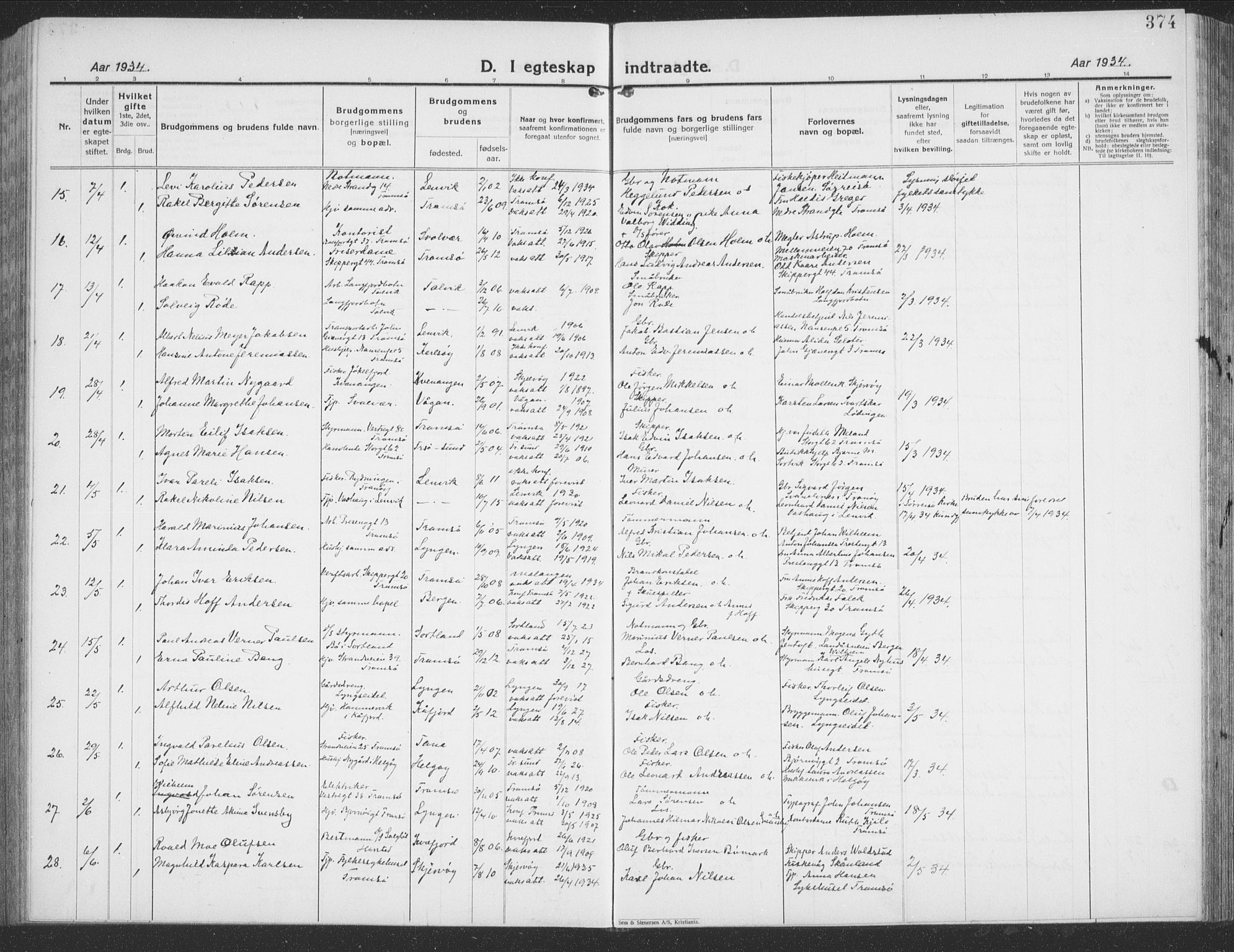 Tromsø sokneprestkontor/stiftsprosti/domprosti, SATØ/S-1343/G/Gb/L0010klokker: Parish register (copy) no. 10, 1925-1937, p. 374