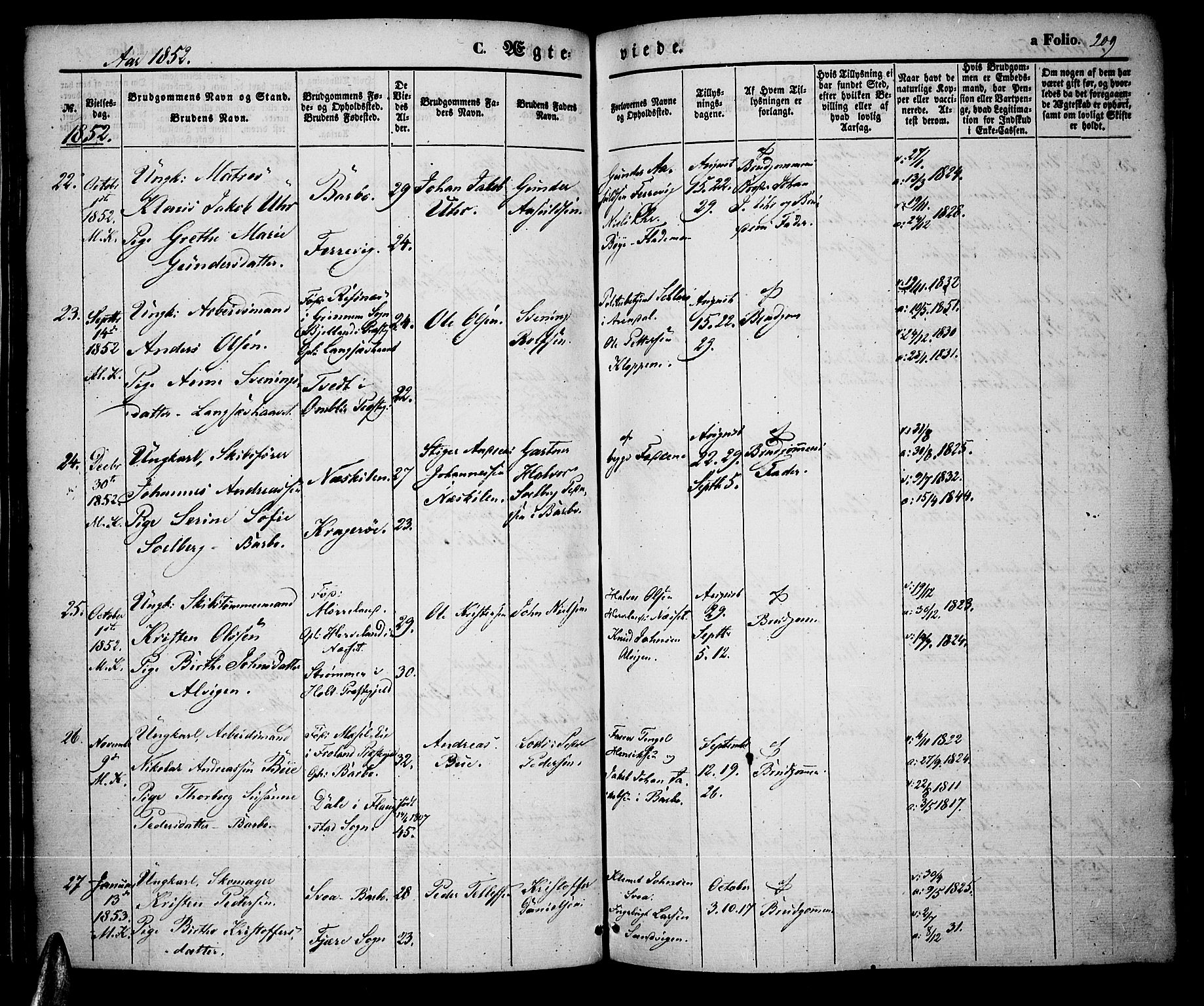 Tromøy sokneprestkontor, SAK/1111-0041/F/Fa/L0005: Parish register (official) no. A 5, 1847-1856, p. 209