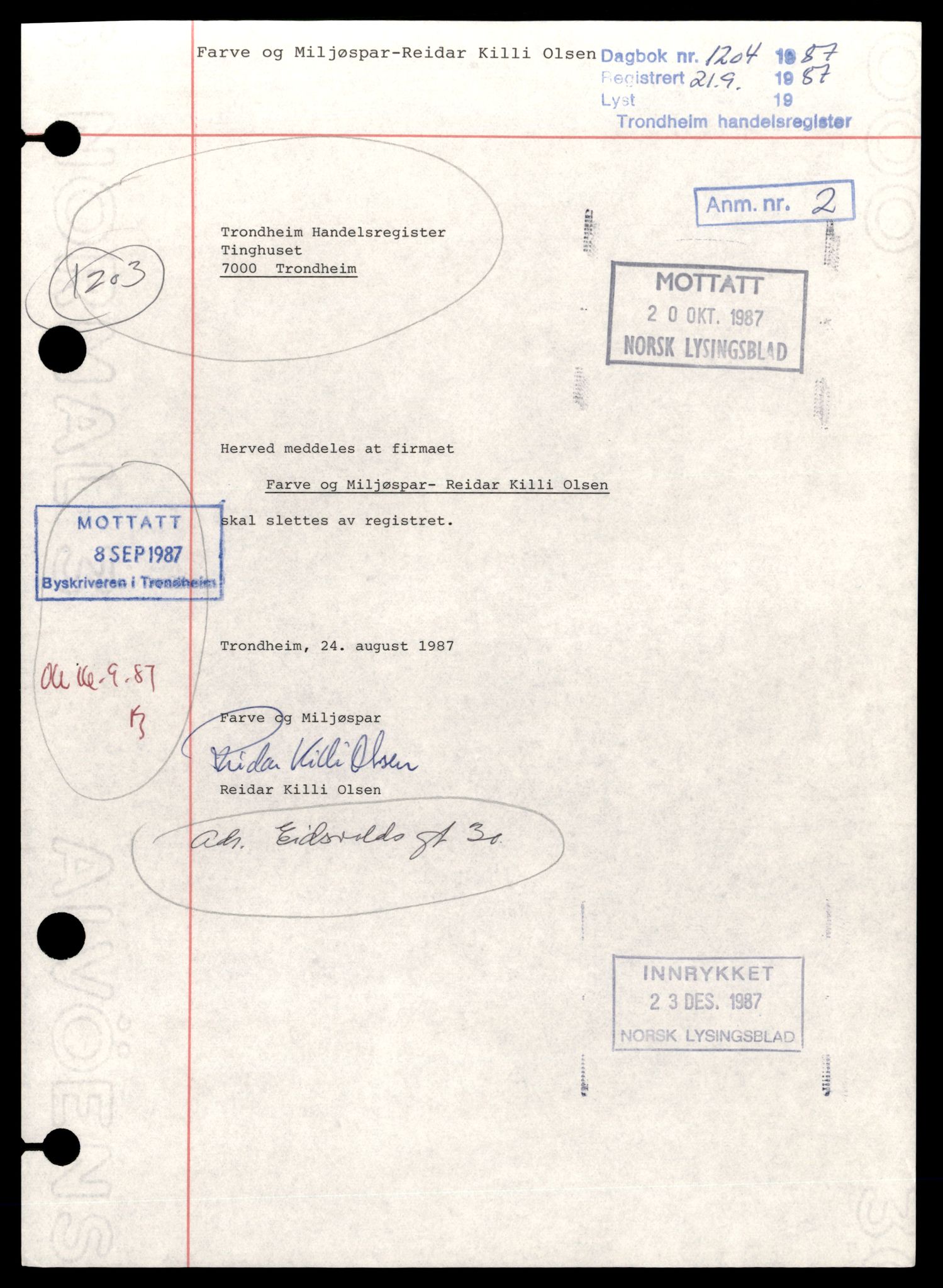 Trondheim byfogd, AV/SAT-A-0003/2/J/Jd/Jdb/L0117: Enkeltmannsforetak og ansvarlige selskap, F-Khp, 1983-1990, p. 1