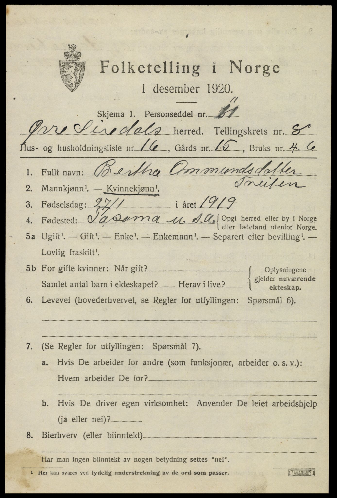 SAK, 1920 census for Øvre Sirdal, 1920, p. 1489