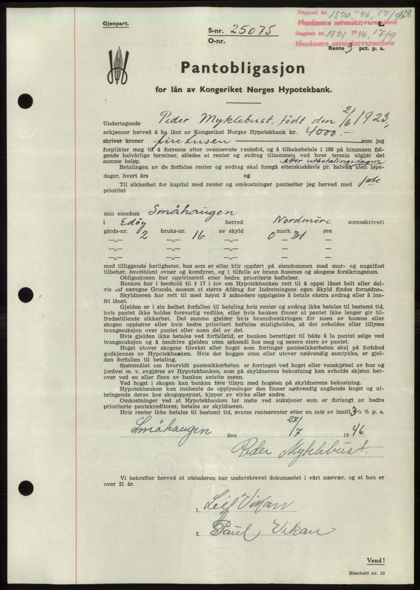 Nordmøre sorenskriveri, AV/SAT-A-4132/1/2/2Ca: Mortgage book no. B94, 1946-1946, Diary no: : 1820/1946