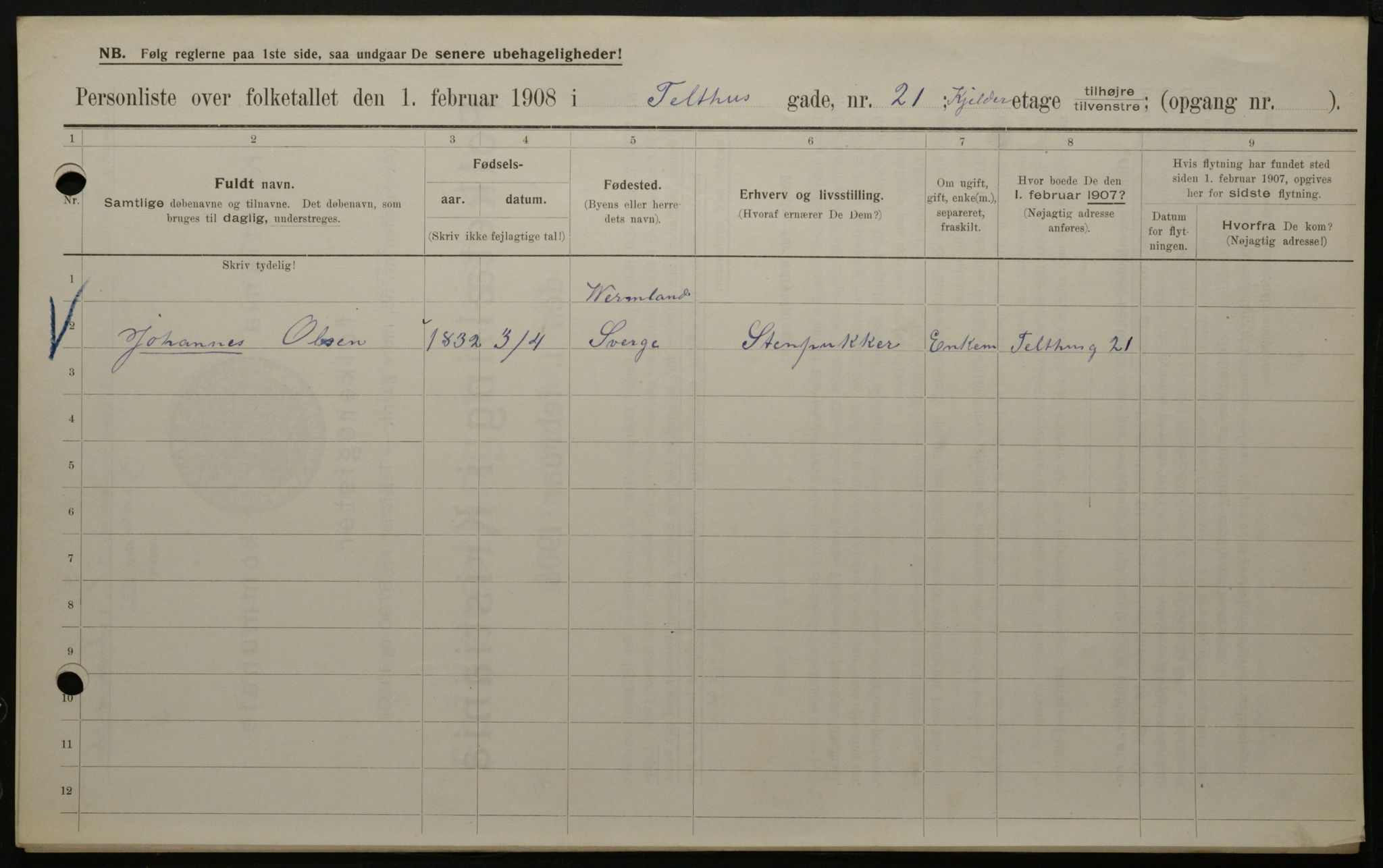OBA, Municipal Census 1908 for Kristiania, 1908, p. 96768