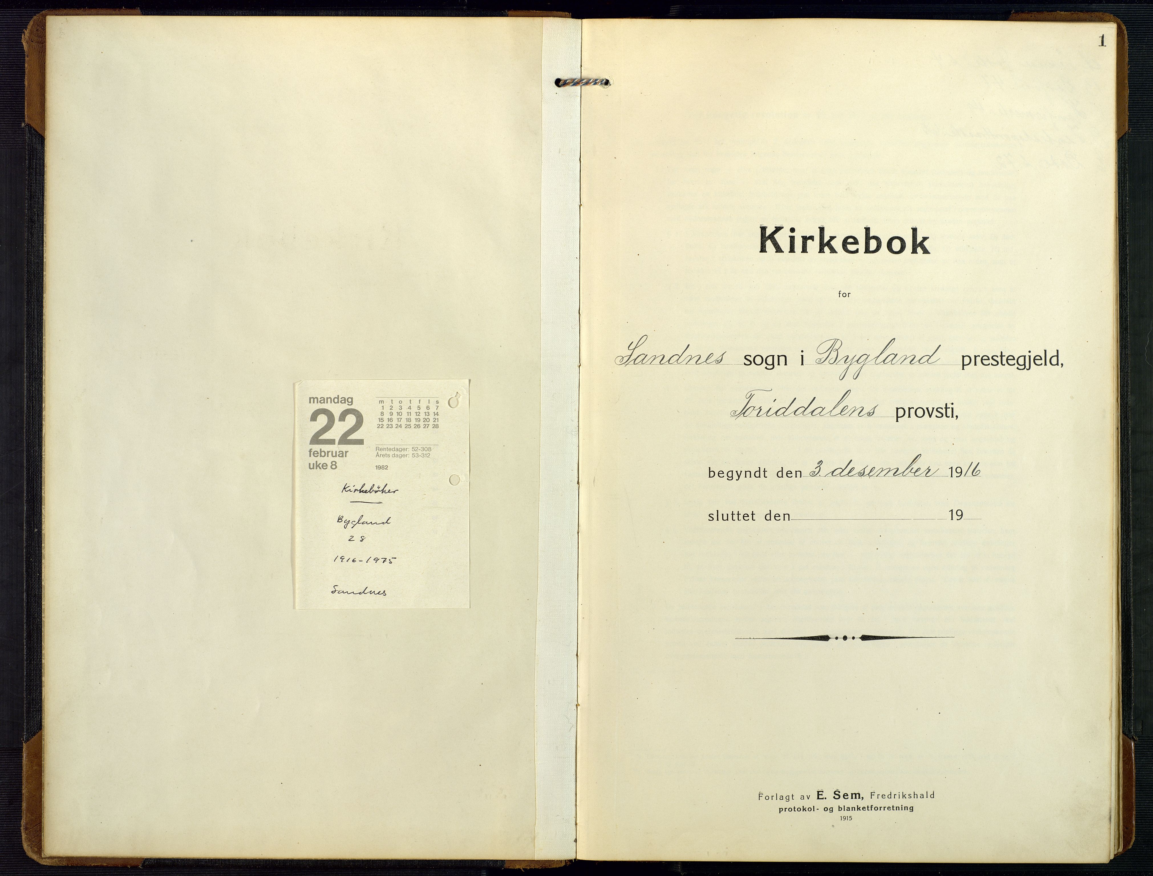 Bygland sokneprestkontor, AV/SAK-1111-0006/F/Fb/Fbc/L0003: Parish register (copy) no. B 3, 1916-1975, p. 1