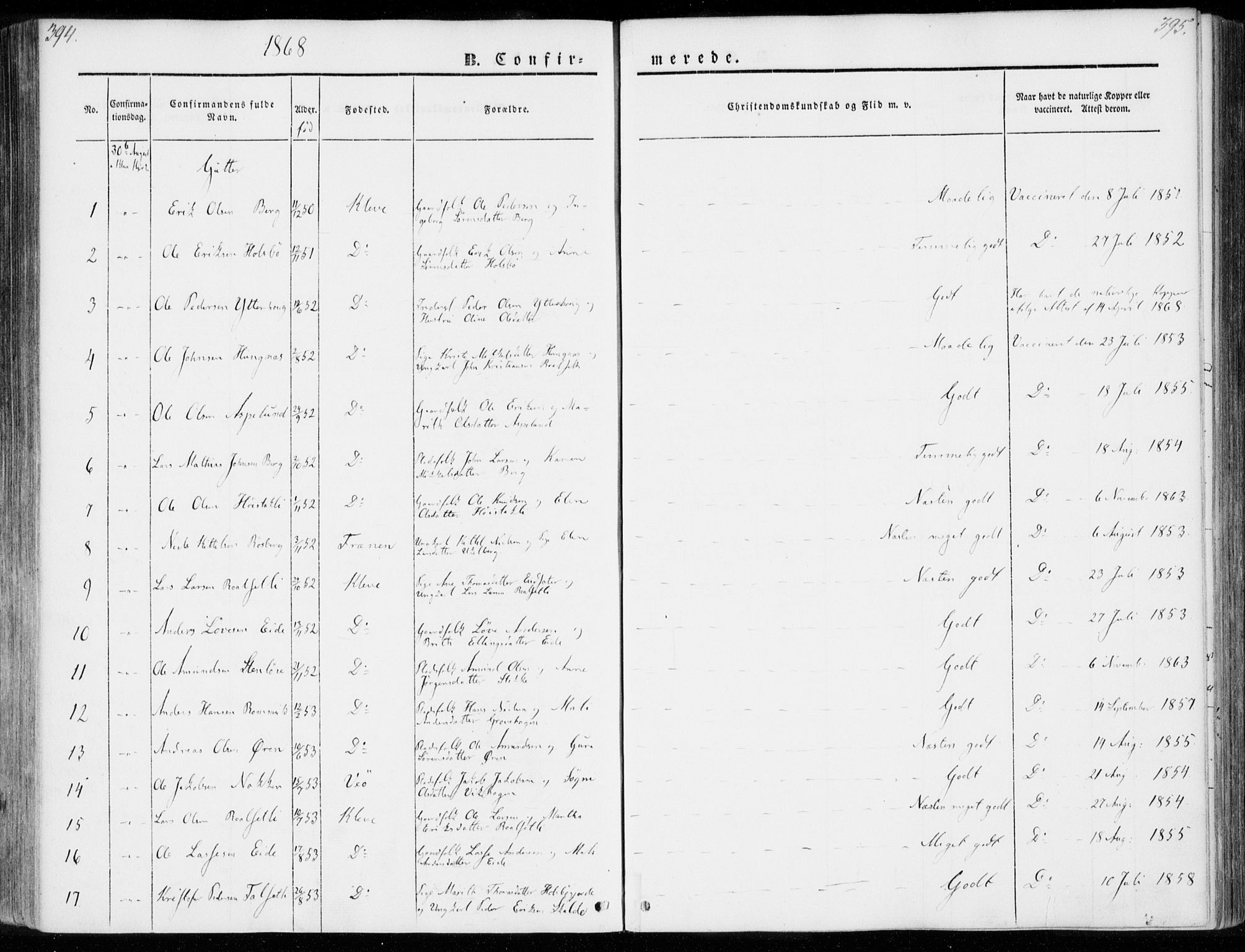 Ministerialprotokoller, klokkerbøker og fødselsregistre - Møre og Romsdal, AV/SAT-A-1454/557/L0680: Parish register (official) no. 557A02, 1843-1869, p. 394-395