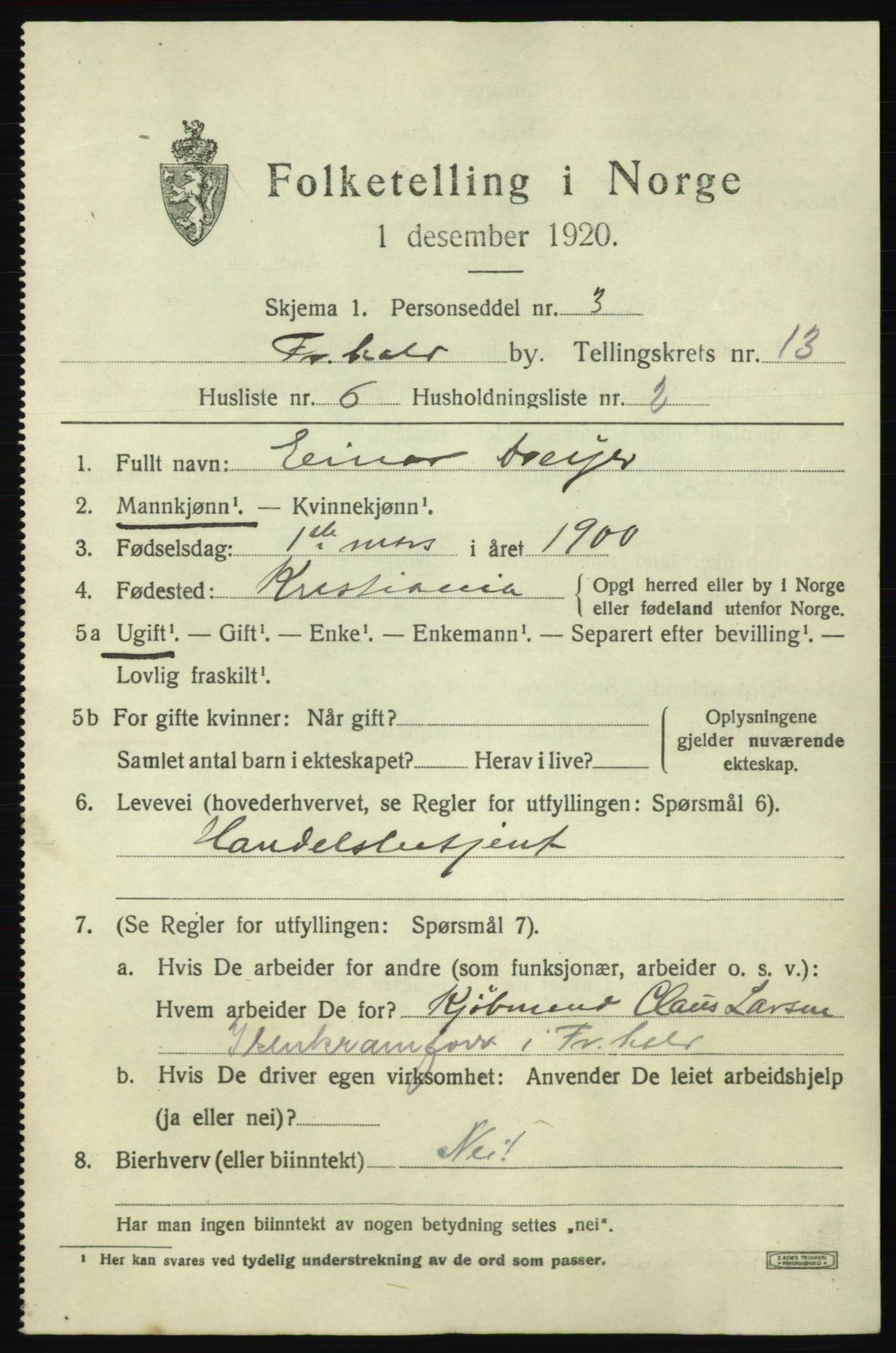 SAO, 1920 census for Fredrikshald, 1920, p. 20743