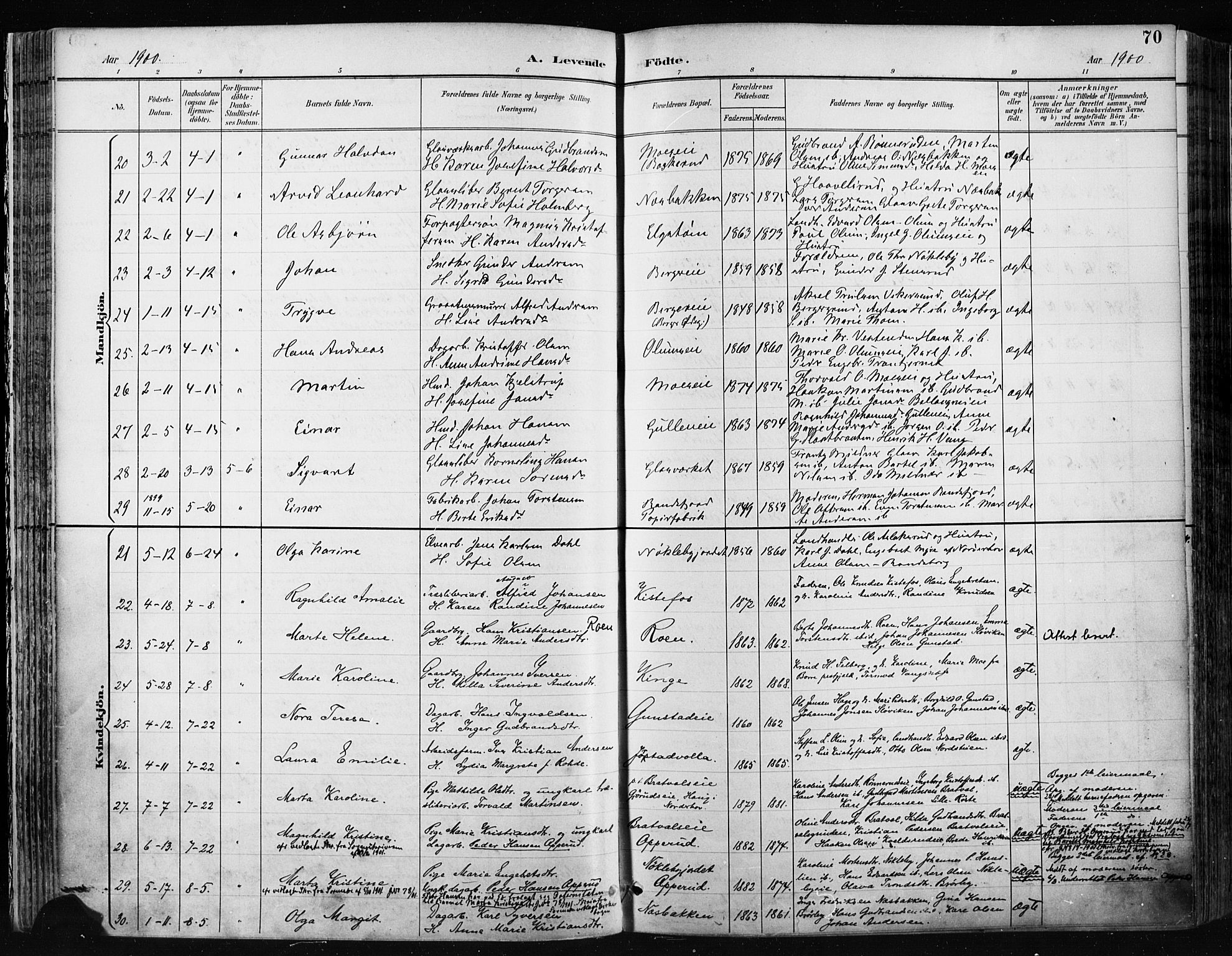 Jevnaker prestekontor, AV/SAH-PREST-116/H/Ha/Haa/L0009: Parish register (official) no. 9, 1891-1901, p. 70