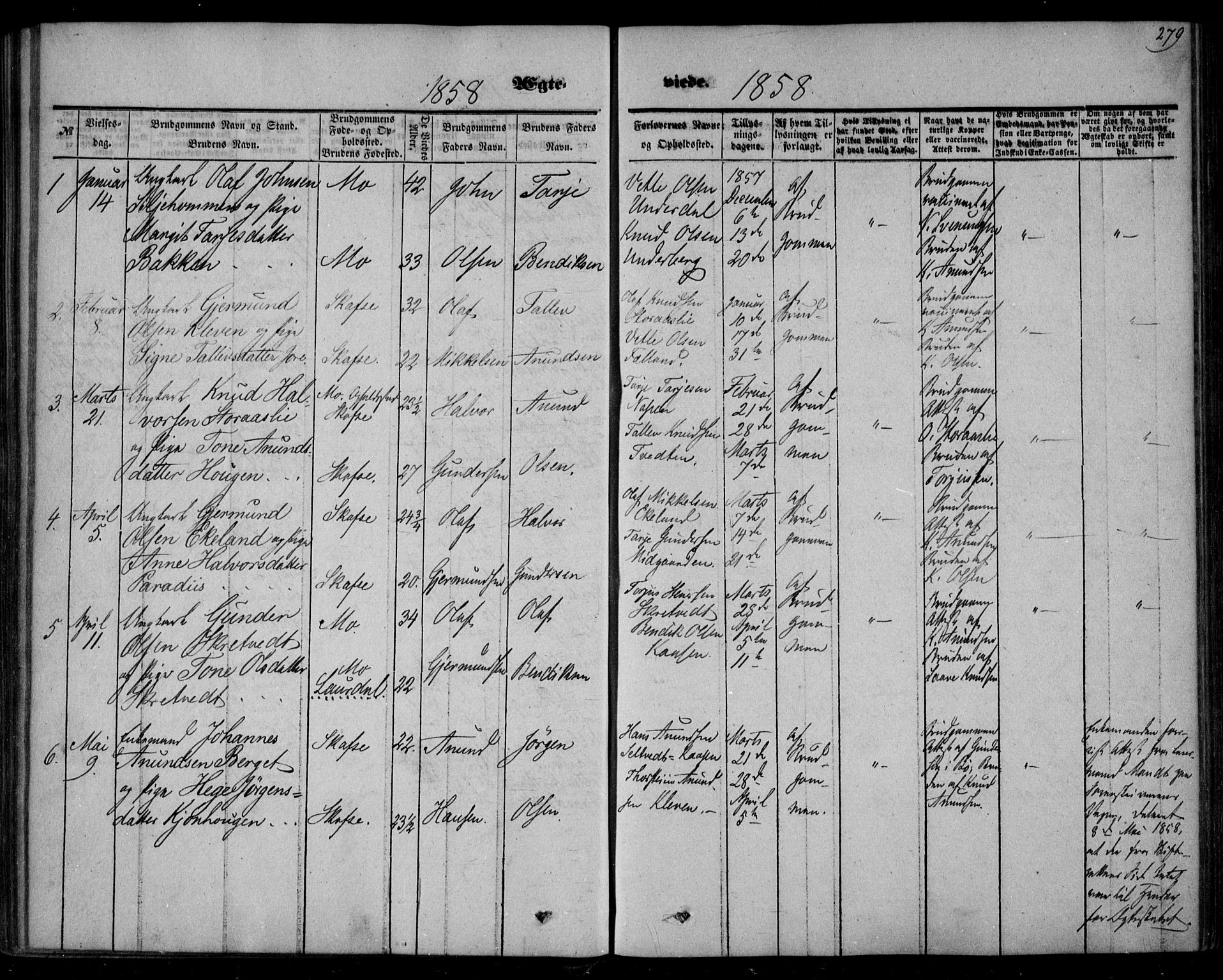 Mo kirkebøker, SAKO/A-286/F/Fa/L0005: Parish register (official) no. I 5, 1844-1864, p. 279