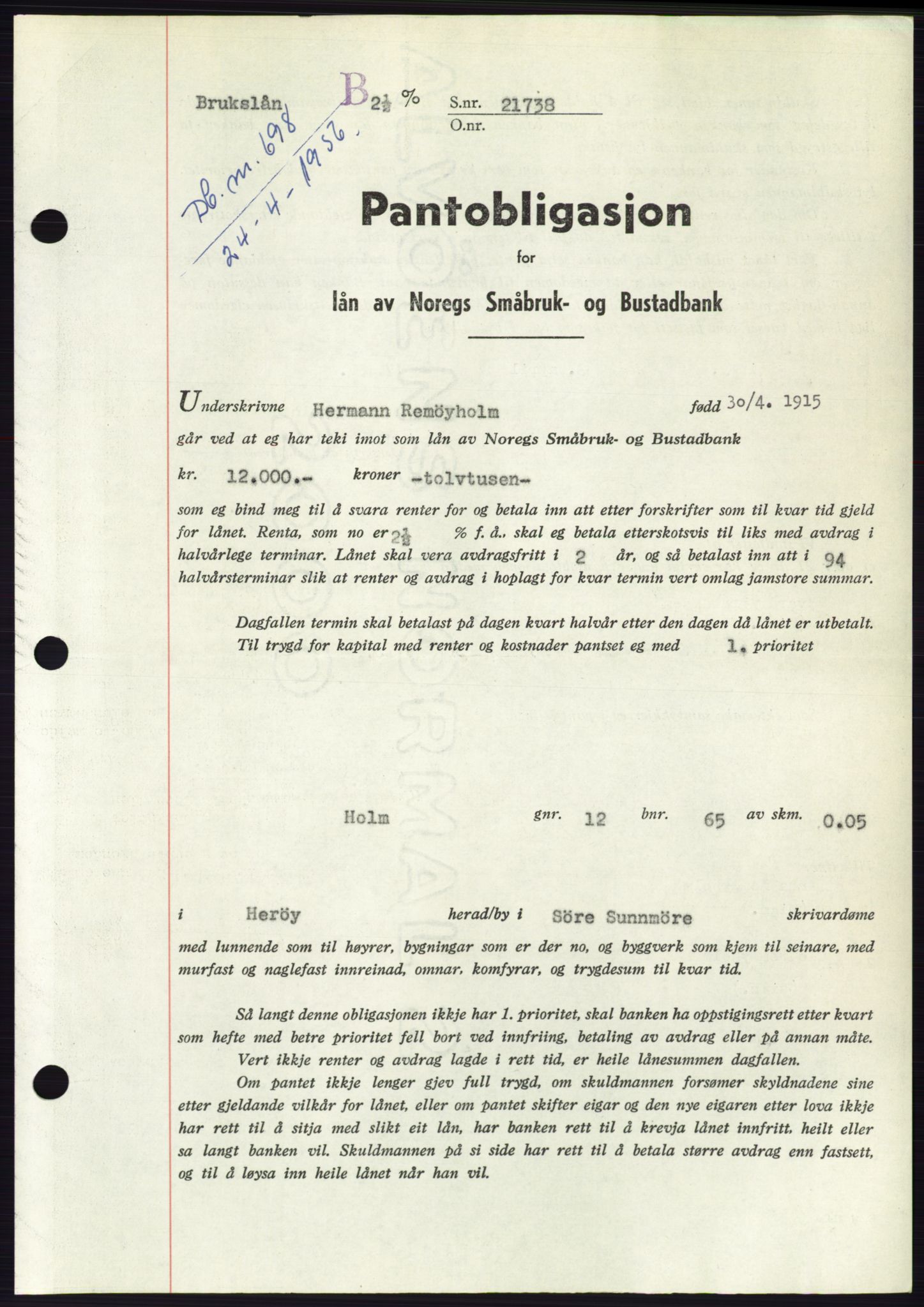 Søre Sunnmøre sorenskriveri, SAT/A-4122/1/2/2C/L0128: Mortgage book no. 16B, 1956-1956, Diary no: : 698/1956