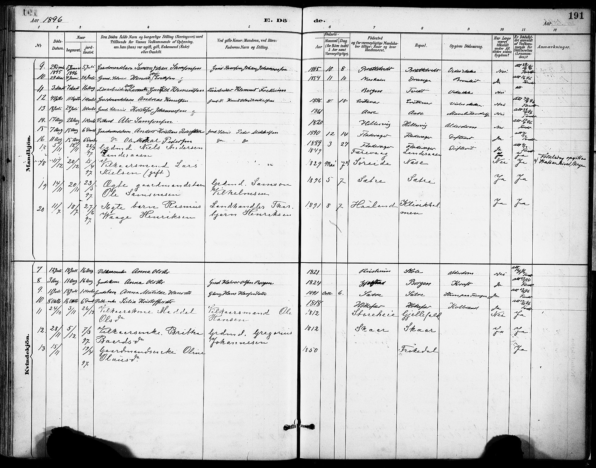 Tysnes sokneprestembete, AV/SAB-A-78601/H/Haa: Parish register (official) no. D 1, 1887-1904, p. 191