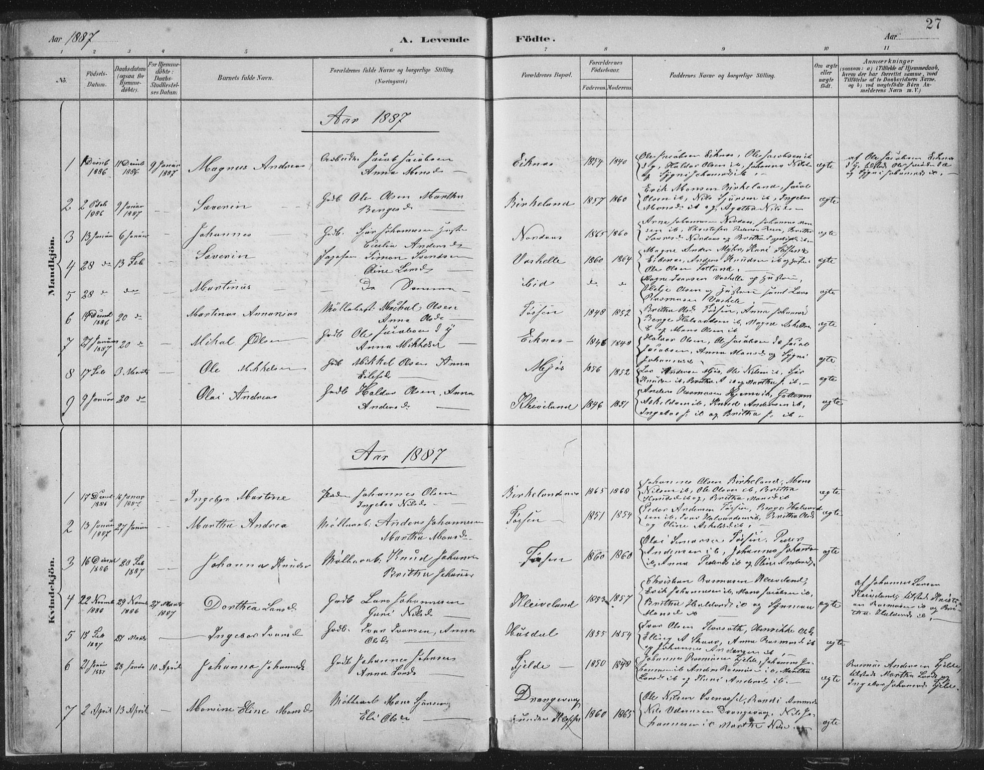 Hosanger sokneprestembete, SAB/A-75801/H/Hab: Parish register (copy) no. A 3 I, 1882-1903, p. 27