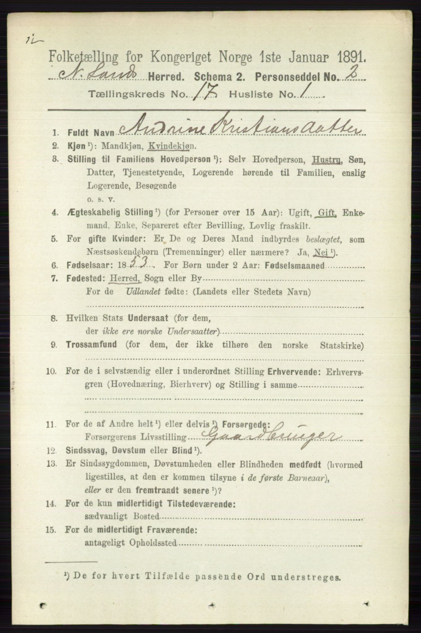 RA, 1891 census for 0538 Nordre Land, 1891, p. 4287