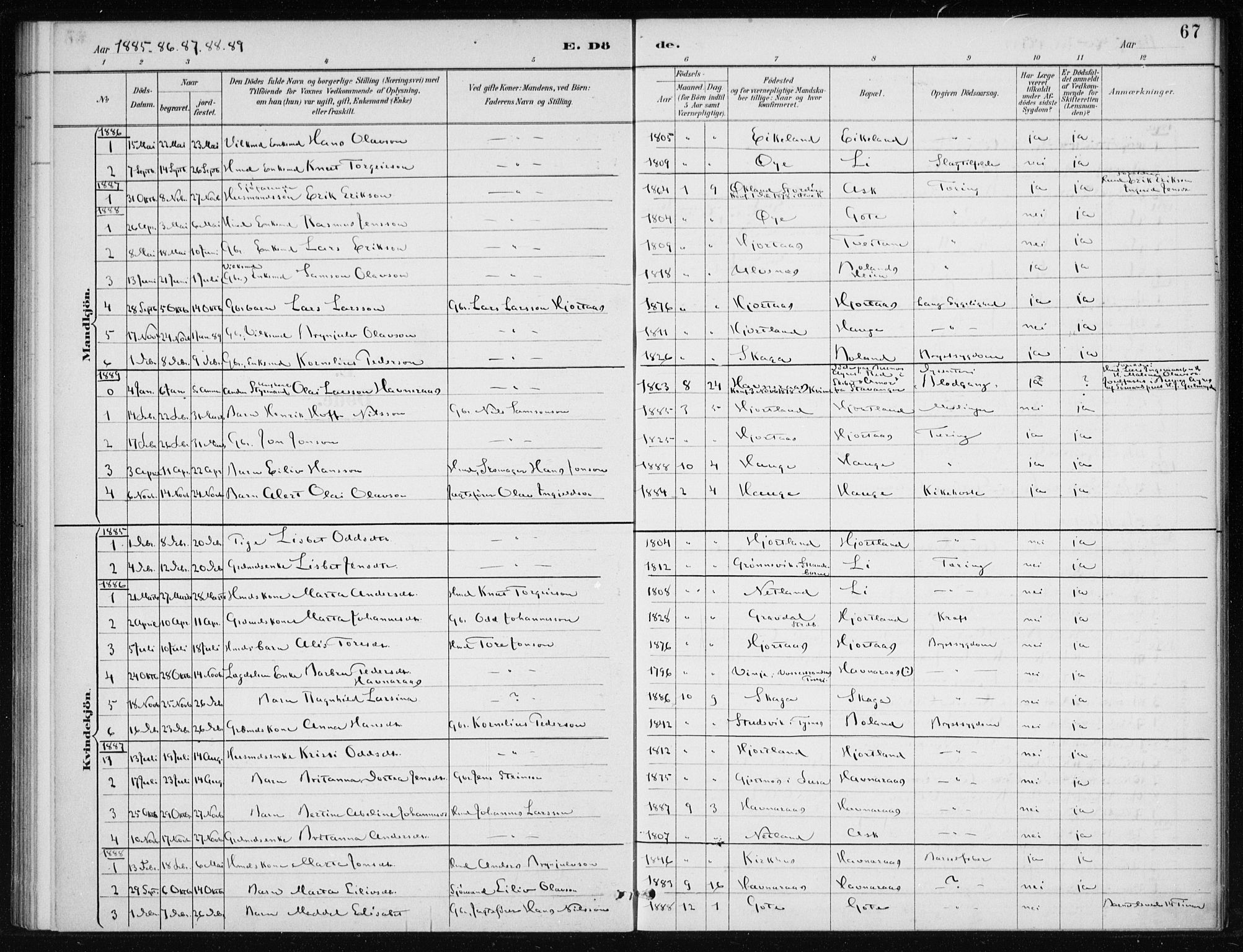 Kvinnherad sokneprestembete, AV/SAB-A-76401/H/Haa: Parish register (official) no. C 1, 1885-1912, p. 67