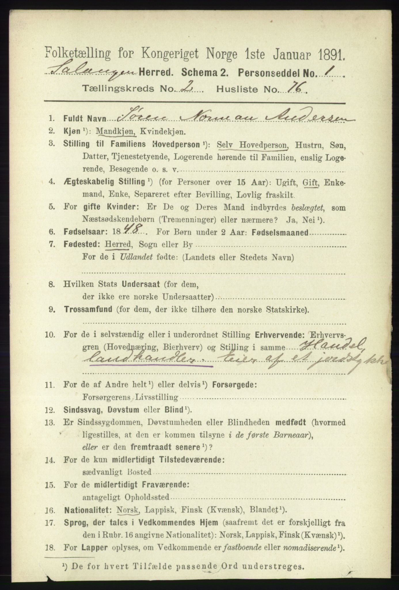 RA, 1891 census for 1921 Salangen, 1891, p. 1134