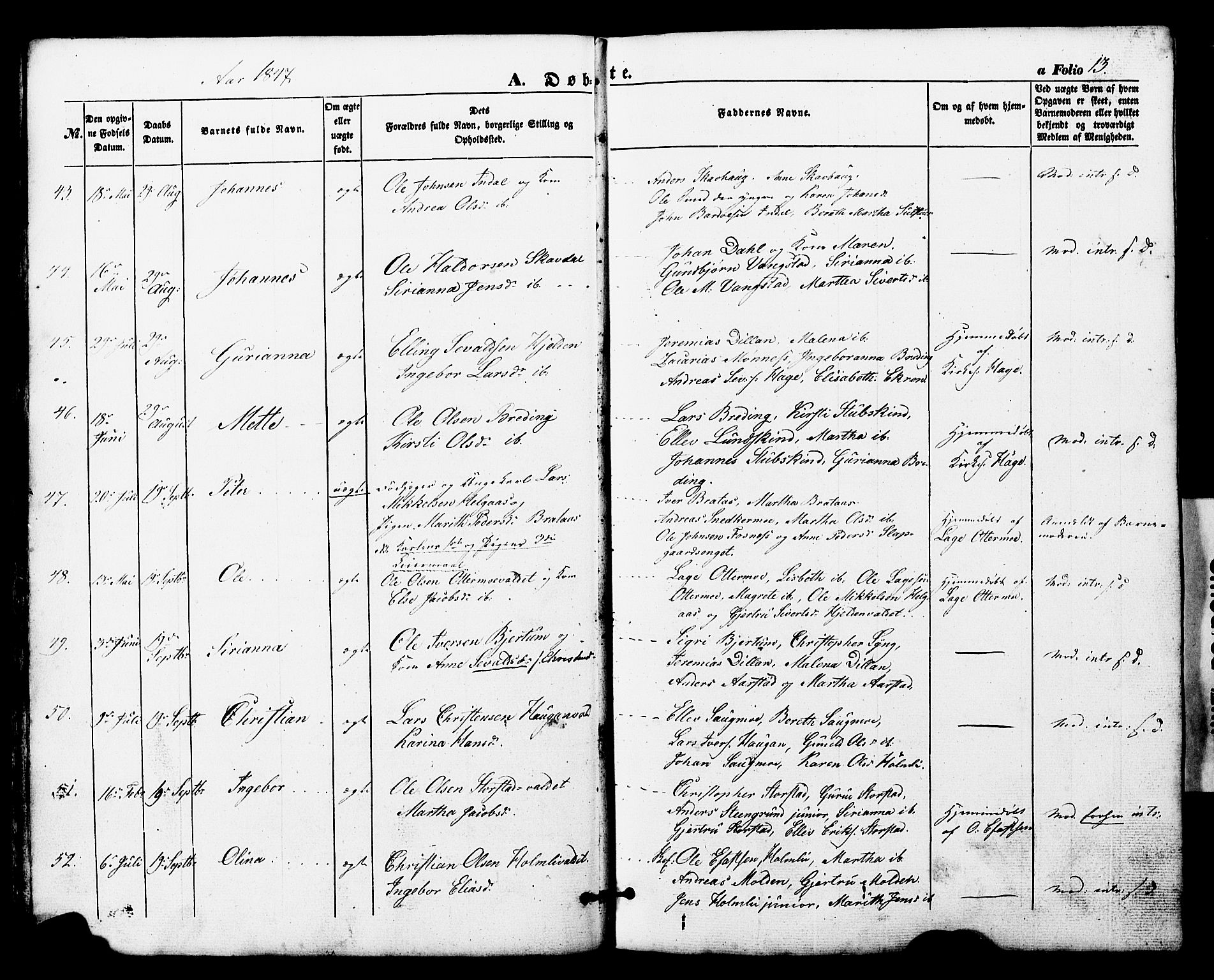 Ministerialprotokoller, klokkerbøker og fødselsregistre - Nord-Trøndelag, AV/SAT-A-1458/724/L0268: Parish register (copy) no. 724C04, 1846-1878, p. 13