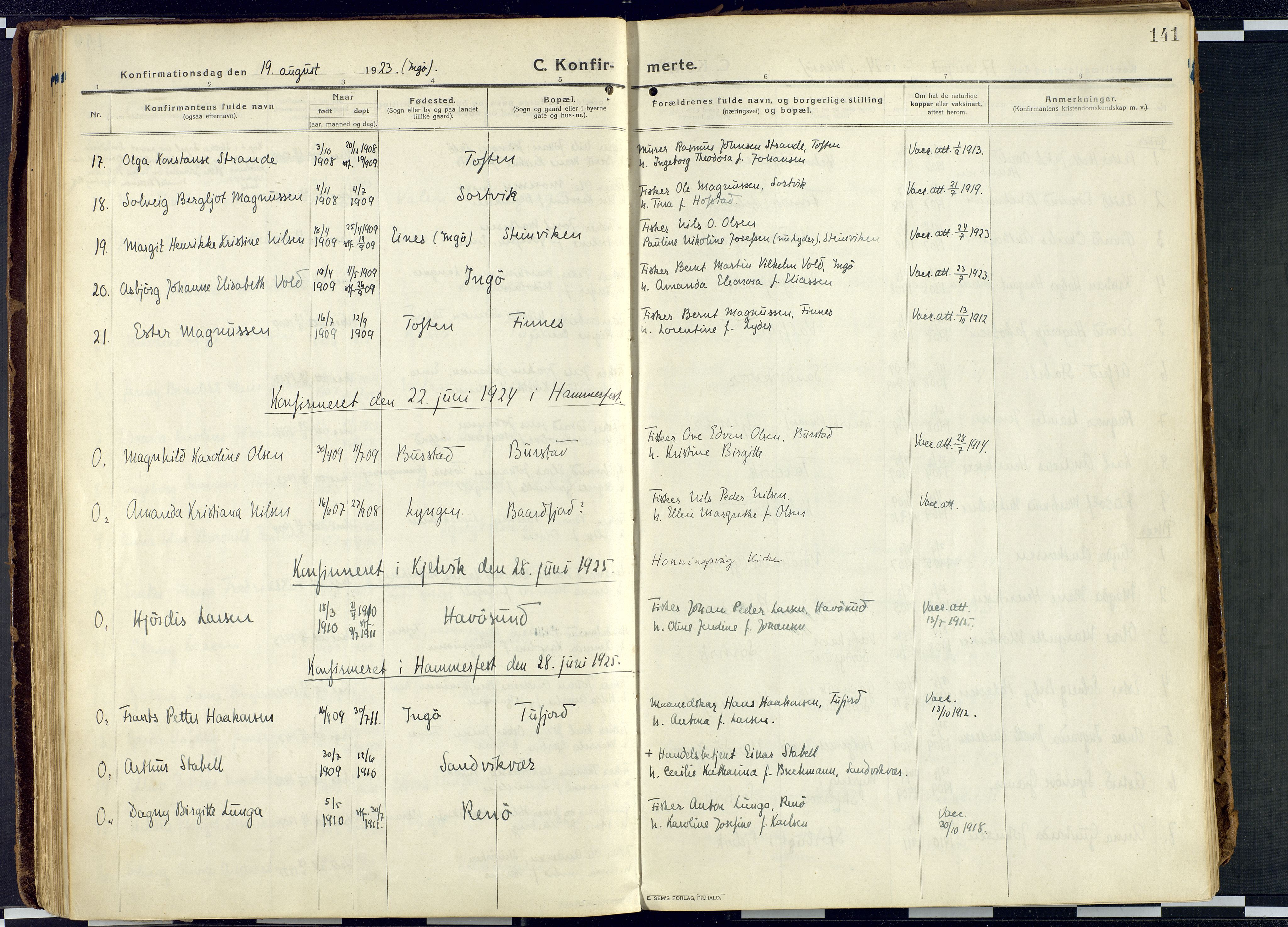 Måsøy sokneprestkontor, AV/SATØ-S-1348/H/Ha/L0010kirke: Parish register (official) no. 10, 1915-1933, p. 141